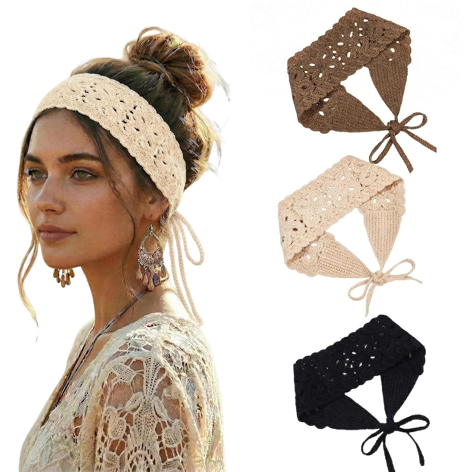 3-Pair Crochet Bandana Set for Women, Bohemian Cotton Butterfly Hair Scarf, Breathable Headbands for Daily Wear and Beach (Beige, Khaki, Black)-image-40