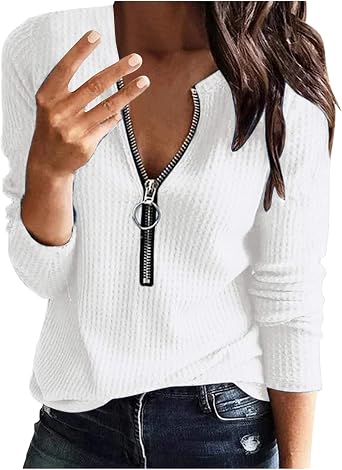 Zipper Henley Shirts for Women Long Sleeve Waffle Knit Tunic Tops Slim Fit V-Neck Thermal Cotton Tee Shirts Tops