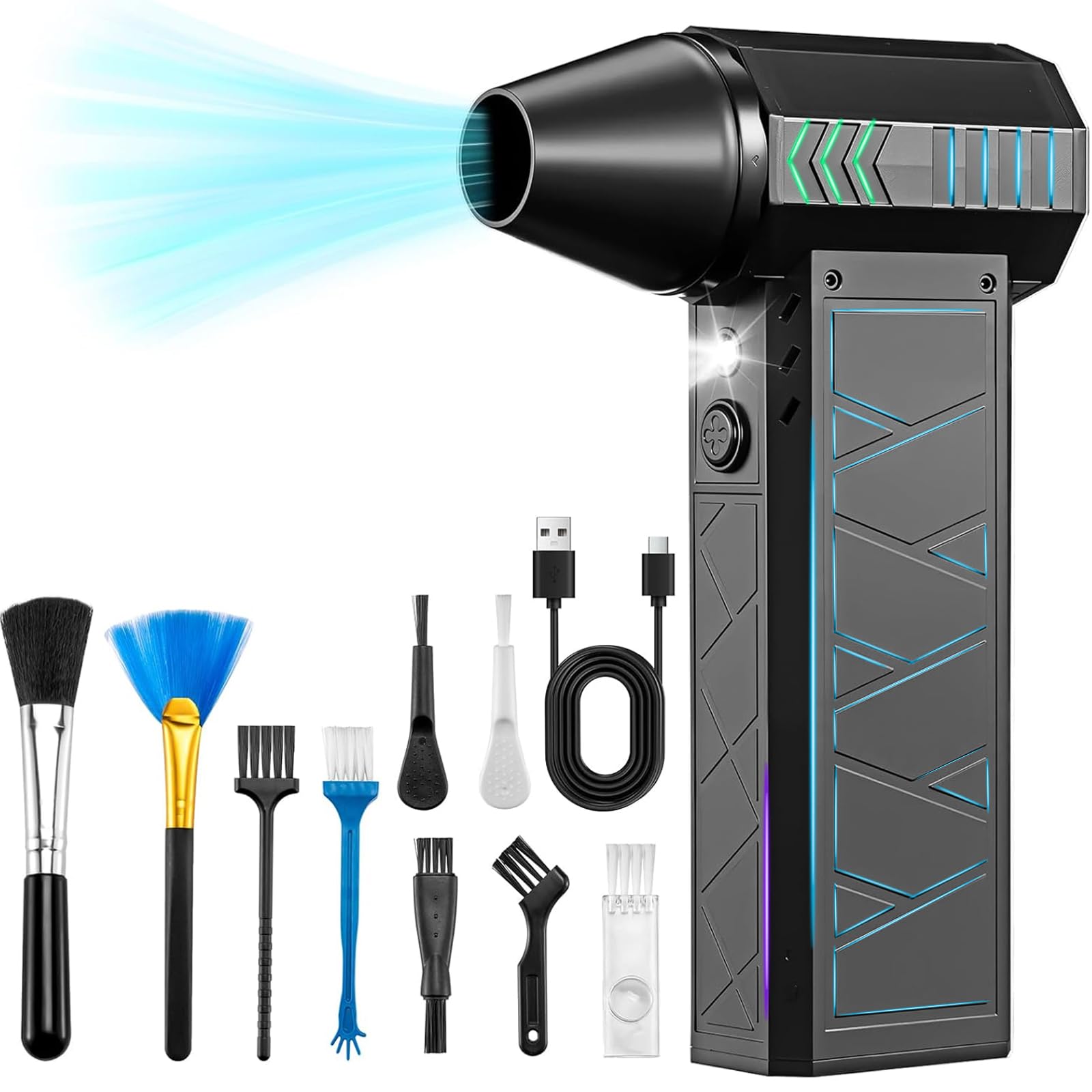 Compressed Air Duster, 180000RPM Electric Air Duster Whit LED Lighting & 9 Brush, 4 Gear Adjustable Turbo Fan, Cordless Air Blower Rechargeable, Air Duster for PC/Laptop/Keyboard/Car/Home Cleaner