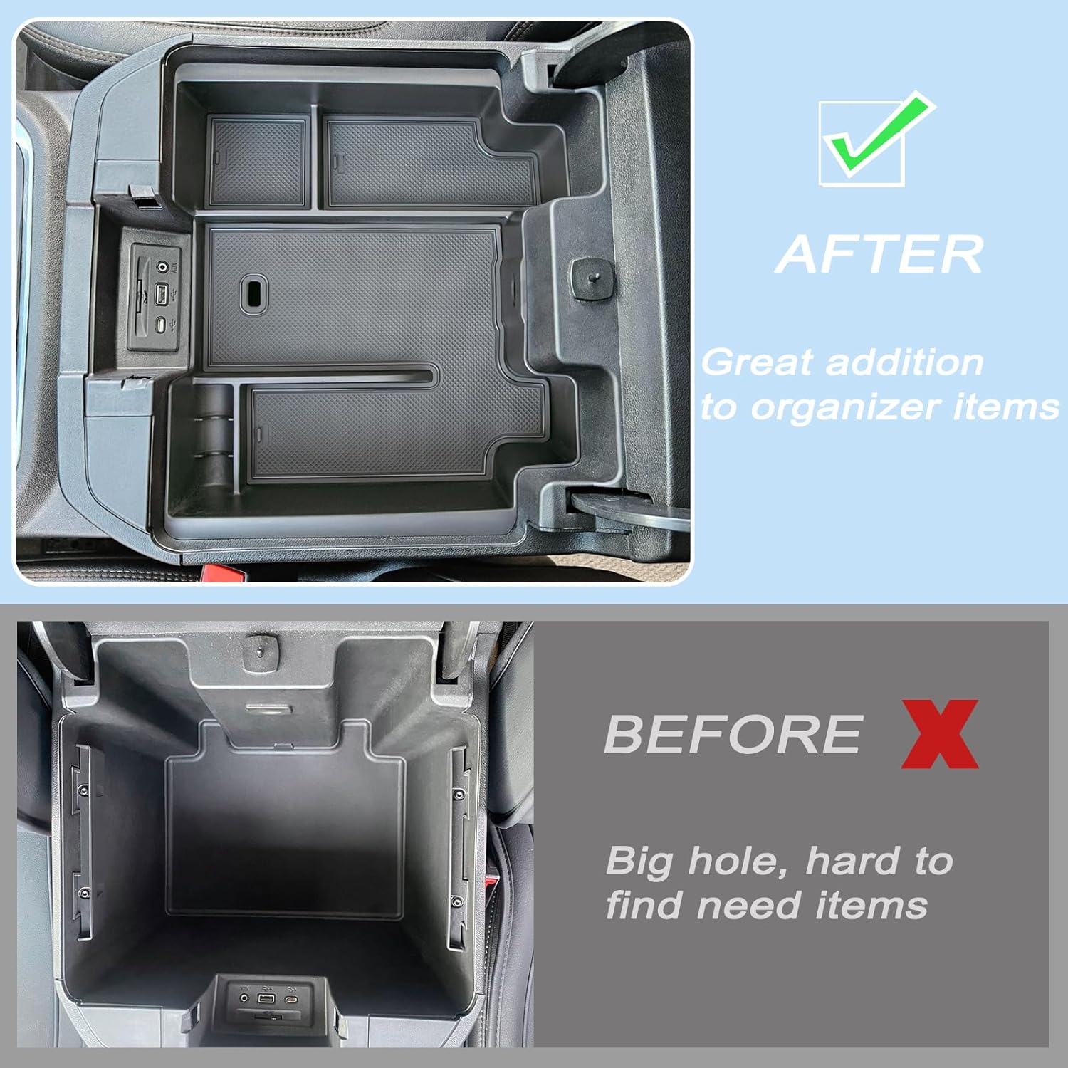 JKCOVER Full Size Center Console Organizer Tray Compatible with (2019-2022) Chevy Silverado/GMC Sierra 1500 and (2020-2023) Silverado/Sierra 2500HD/3500HD Accessories(Full Console w/Bucket Seats ONLY)