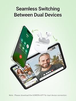 UGREEN Bluetooth 5.4 Kablosuz Kulaklık, ENC Gürültü Engelleme özelliğine sahip 12 mm Diyafram, Hızlı Şarj, iPhone Android ve Bluetooth Cihazlarıyla Uyumlu Çift Cihaz Bağlantısını Destekler