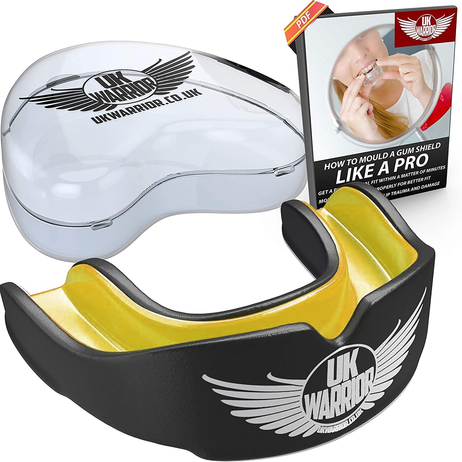 UK Warrior Gum Shield Mouth Guard Gum Guard - Ideal For Contact Sports, Martial Arts, Karate, Rugby, MMA, Boxing, Hockey, Football - Carry Case - Instructions For Boil & Bite (BLACK & YELLOW Senior)