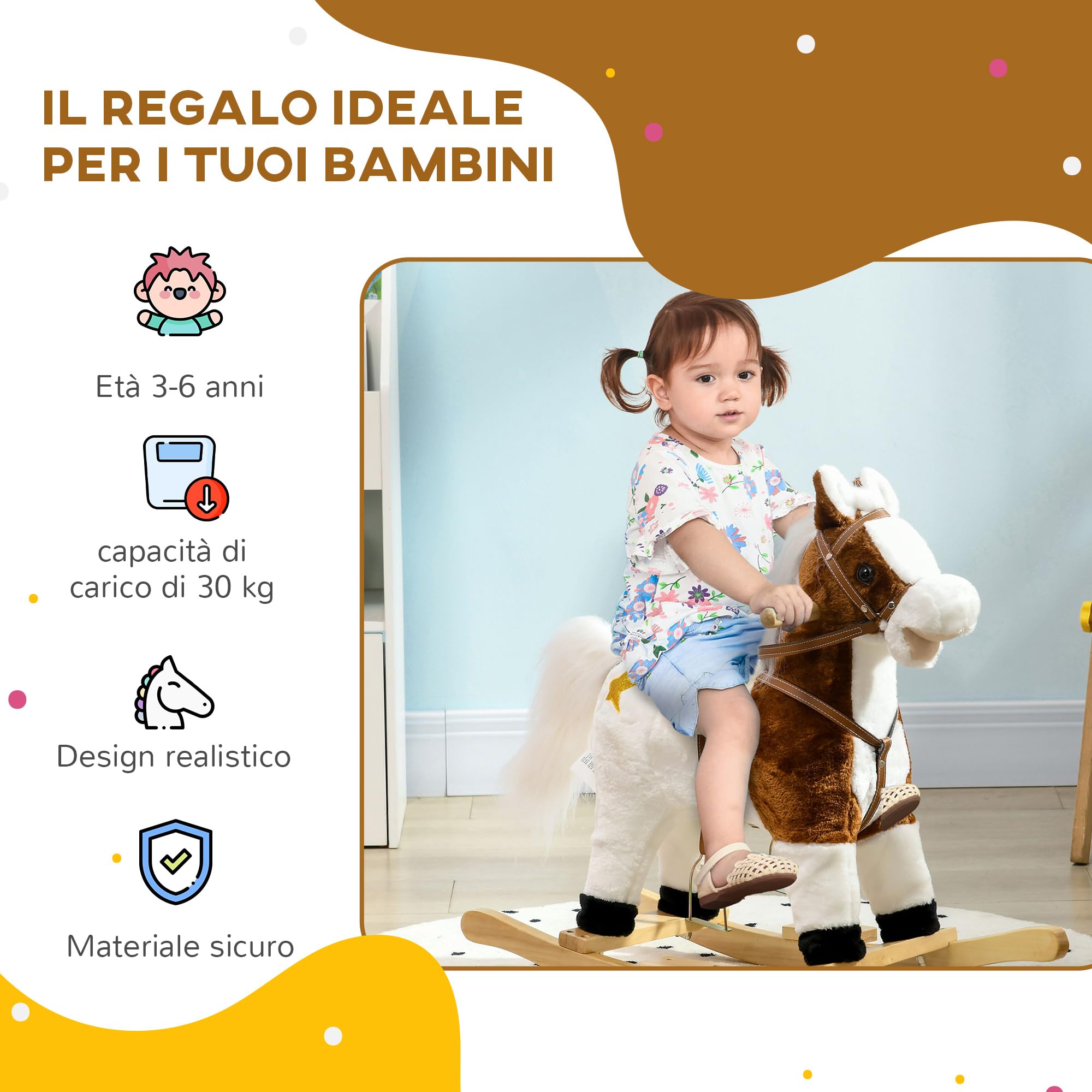 HOMCOM Cavallo a Dondolo per Bambini da 3-6 Anni, Gioco per Bambini Cavalcabile con Suoni in Peluche, 68x26x62cm, Marrone