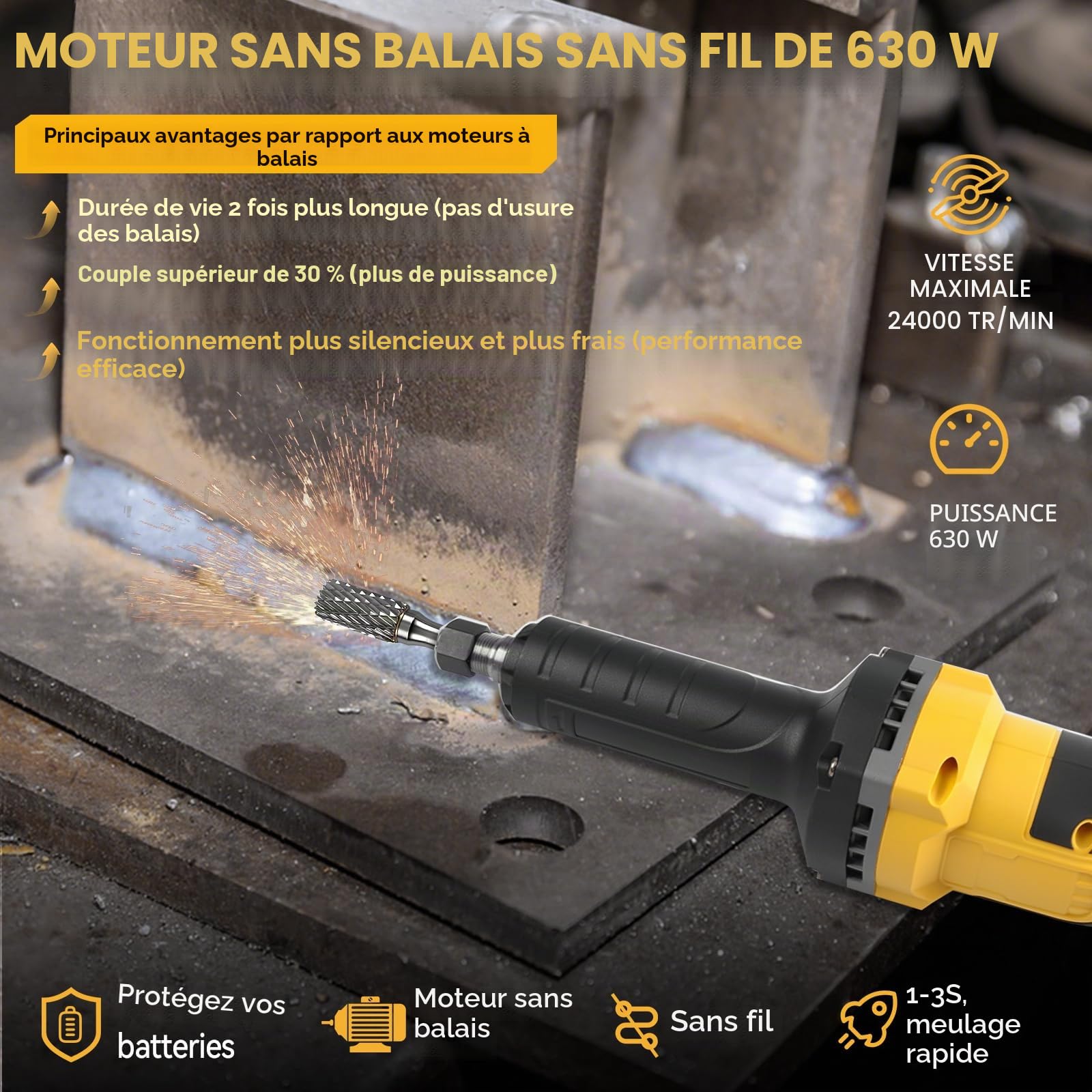 Meuleuse droite à batterie, ponceuse droite professionnelle, 4 vitesses variables pour ponçage, polissage, gravure (sans batterie) (compatible avec DeWalt)