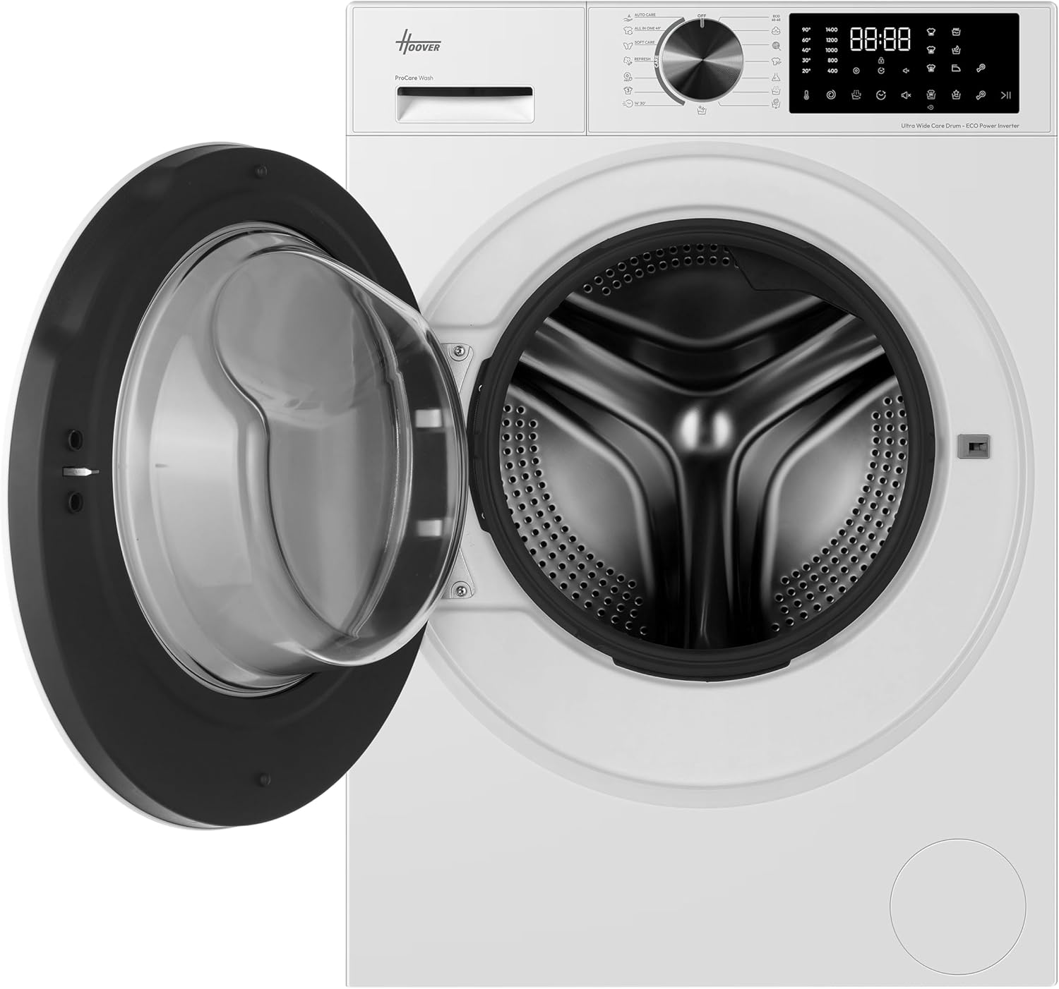 Hoover H-CARE 300 Washing Machine with door open, showing the drum