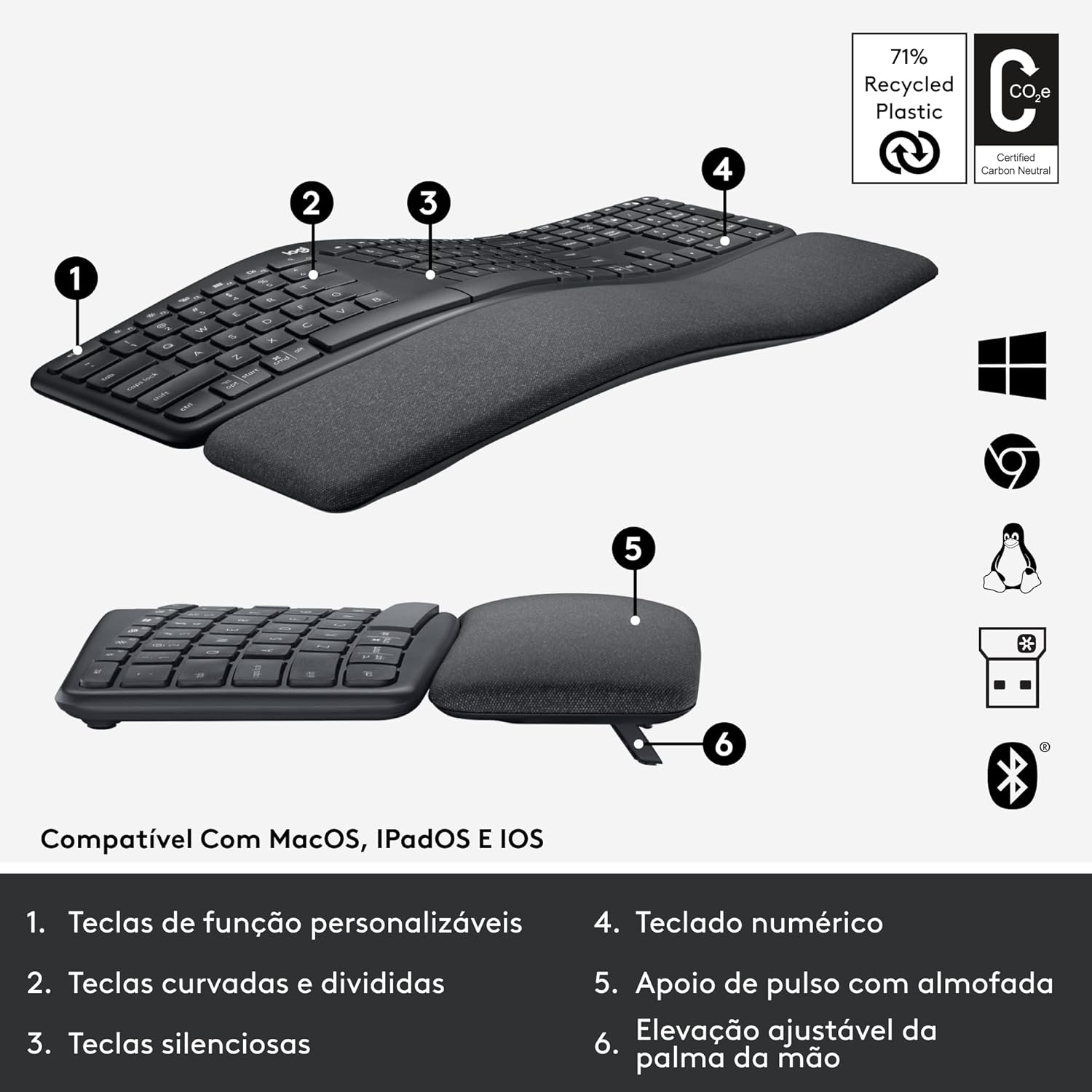 Teclado sem Ergo K860 com Layout de Teclado Dividido, Suporte para Descanso de Pulso, Tecido Resistente a Manchas, Conexão Bluetooth e USB - Compatível com Windows e Mac, Preto