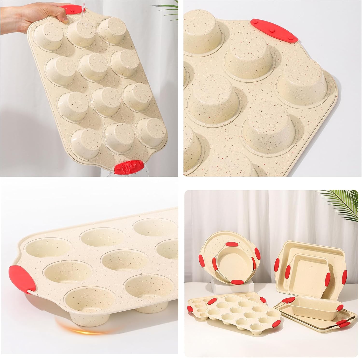 10-Piece Stackable Baking Pans Set, Nonstick Non Toxic Bakeware Sets High-Heat Oven Cake Roasting Pan Set for Cakes Cookie Loaf Muffin Pizza -Cream White with Red Dot