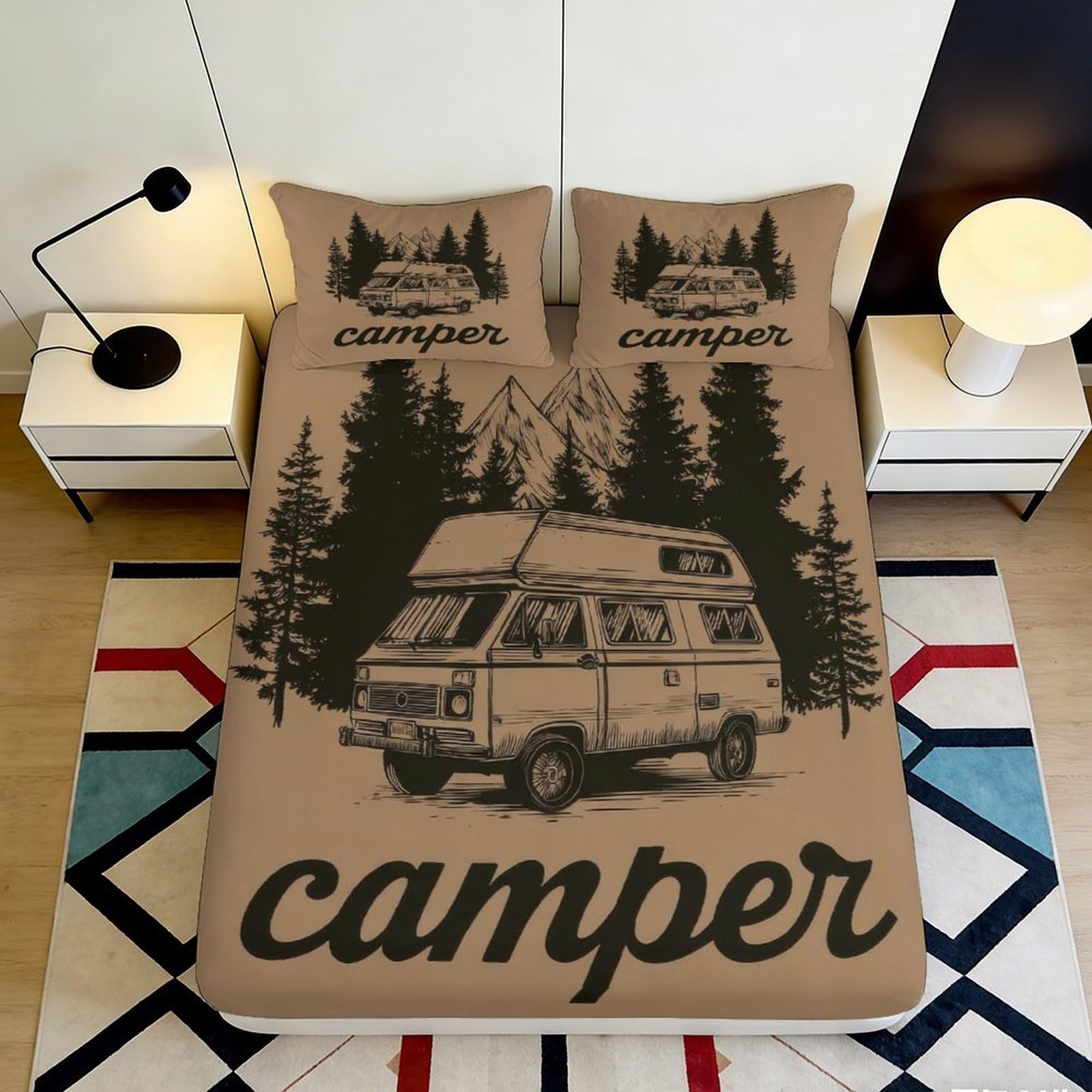 3D Printed Camper Forest Fitted Sheet Microfiber Soft Brown Mountain Bed Cover for Bedroom Guest Room Mattress Protection Decor 90x200x25cm