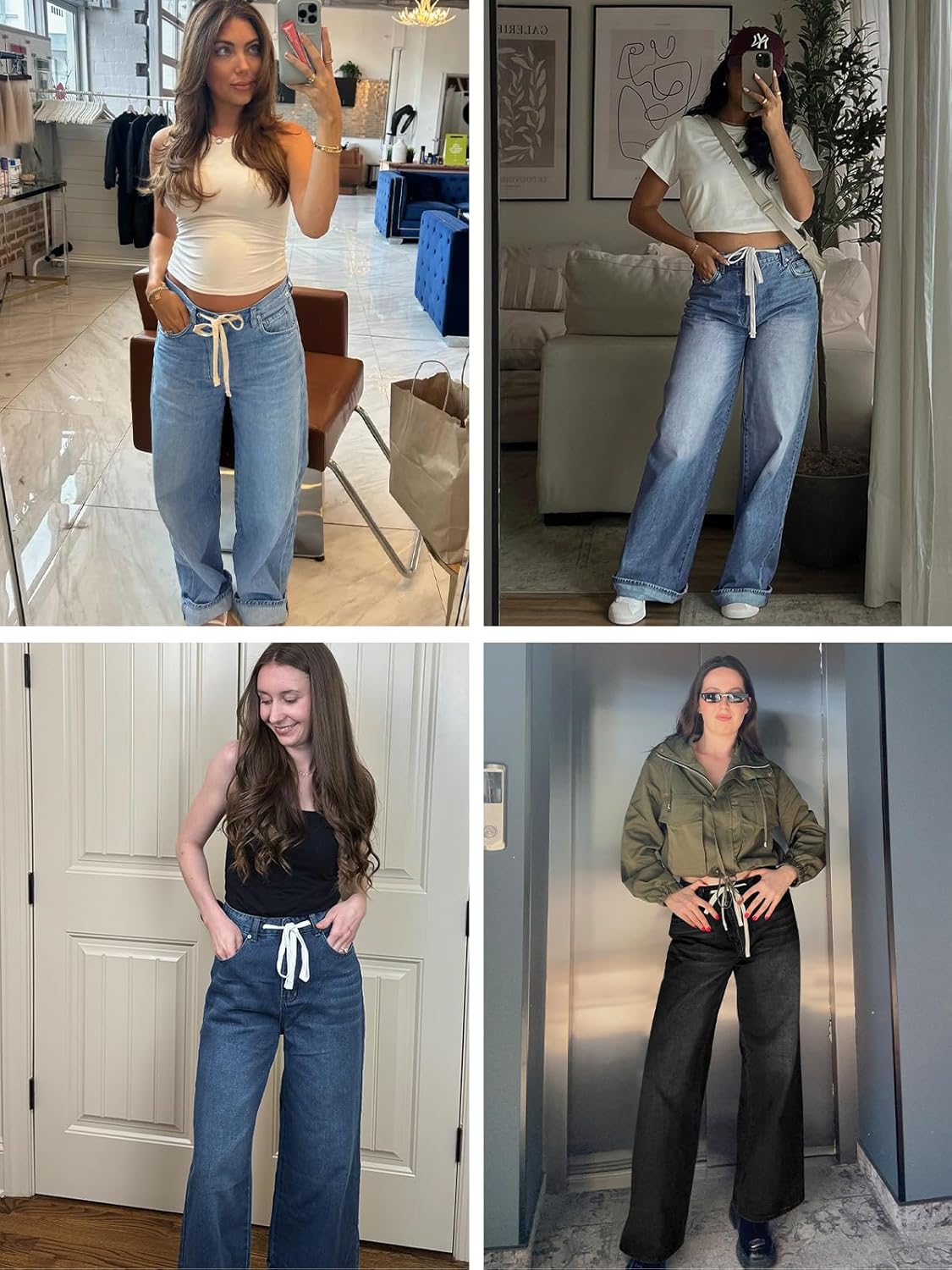 Cicy Bell Womens Wide Leg Jeans Drawstring High Waisted Baggy Straight Leg Jeans Trendy Boyfriends Denim Pants with Pockets