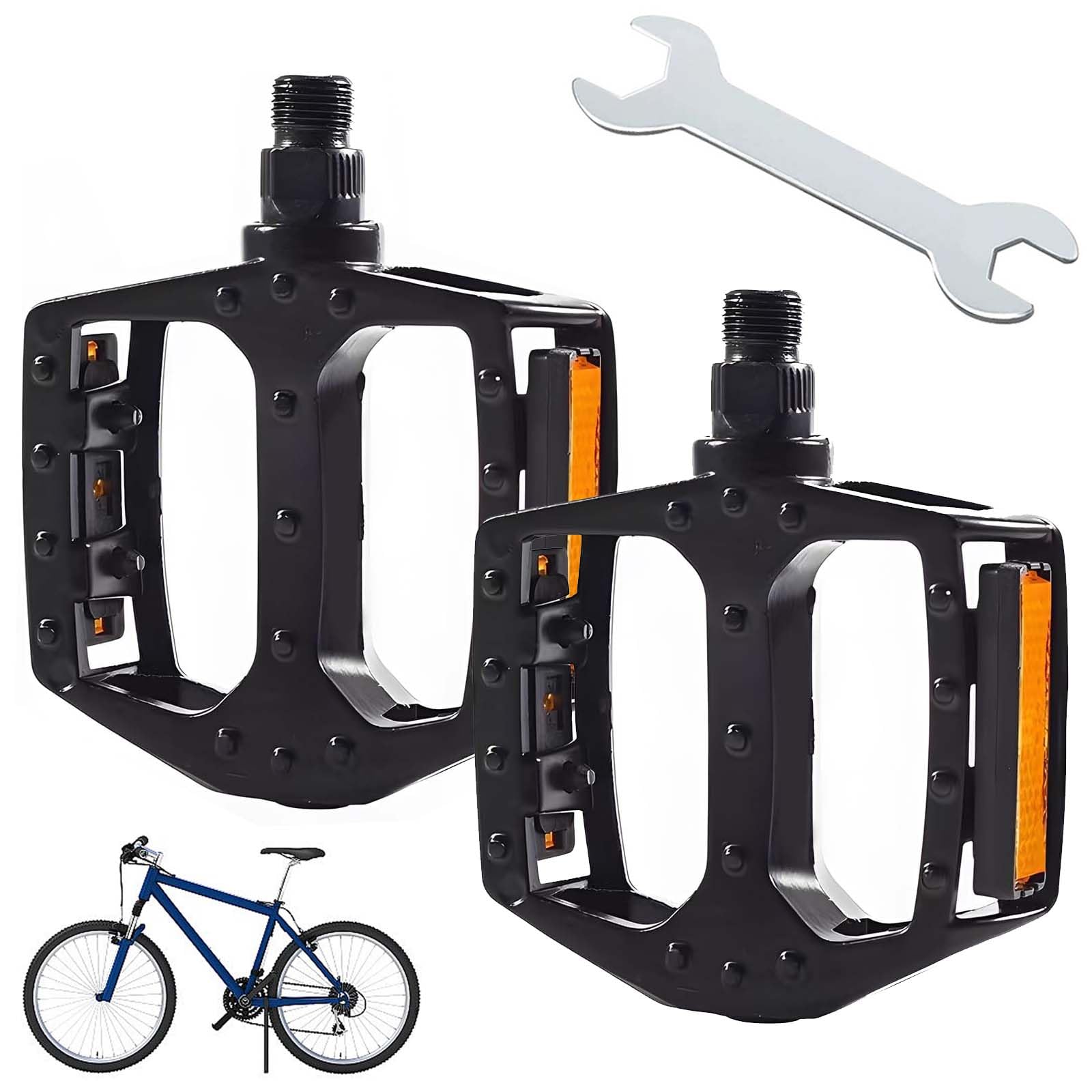 FZYCOM 1Pair Bicycle Pedals with Spanner, Non-Slip Aluminium Mountain Bike Pedals with Reflectors Strips, 9/16 Inch Bearing Flat Pedals for BMX, MTB, Racing Bikes