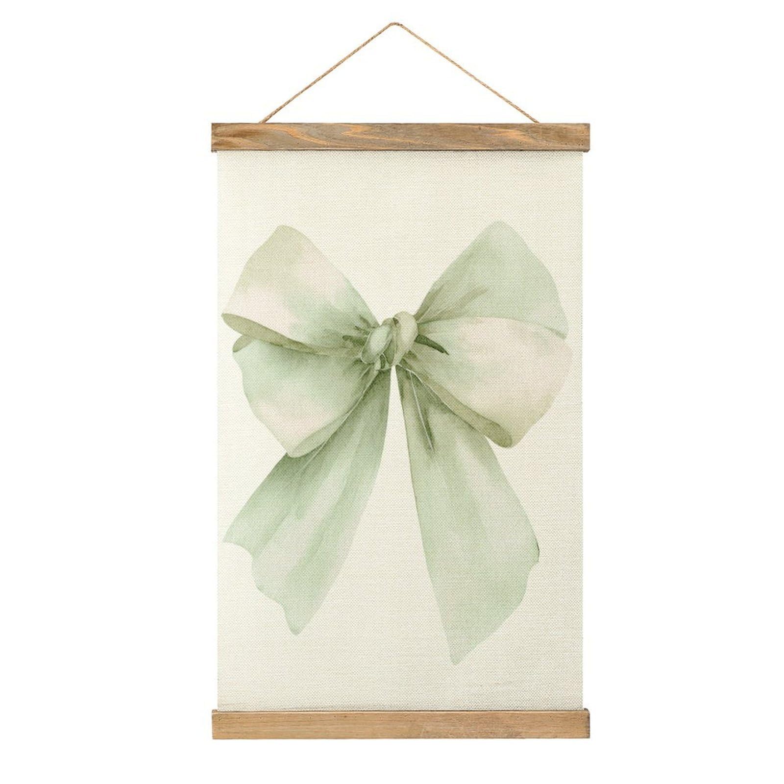 Jubonexis Watercolor Soft Satin Ribbon Bow Soft Green Canvas Painting Wood Frames Poster Hanger Hanging Picture Kit Wall Art