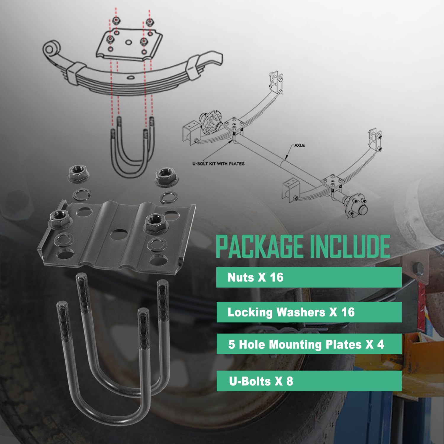 Trailer U Bolt Kit, 7 Inch Long U-Bolts, 3” Round Axle, 1/2” Diameter, 2” Thread Pitch, for 5,200-7,000 lb Trailer Axle, 20080, 2-Pack