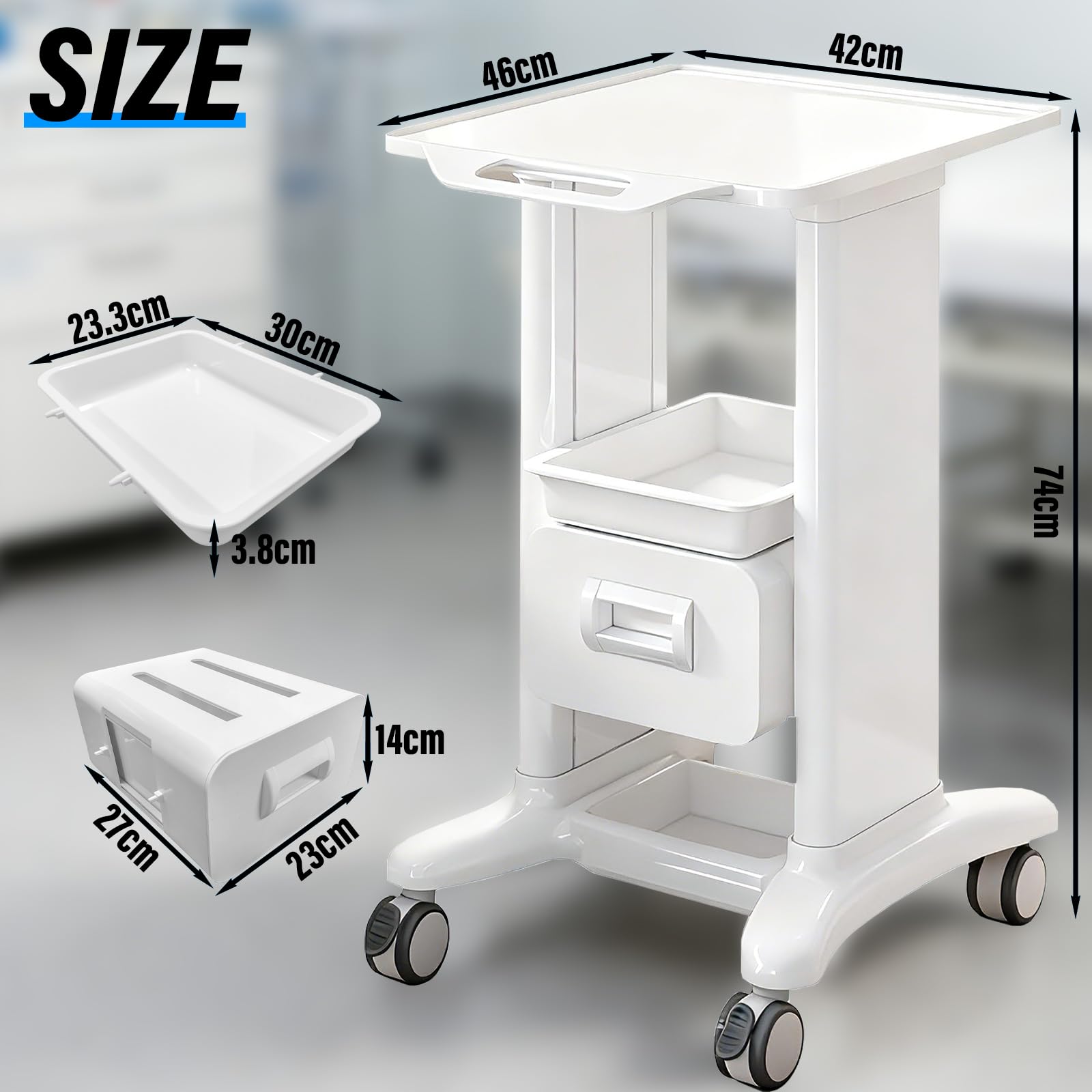 Laborwagen Medizinwagen mit 2 Schubladen, Rollbarer Laborwagen ABS Material, 102 kg Tragkraft Medizinischer Wagen, Servierwagen für Klinik, Salon, Krankenhaus, Labor (Weiß, Eine Schublade)
