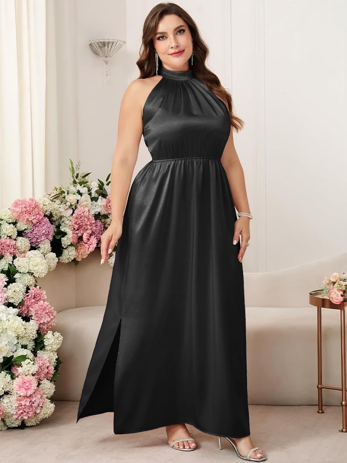 CYCLAMEN Plus Size 0X-4X Satin Halter Neck Dress A-line Maxi Long Dresses Wedding Guest Cocktail Evening Gowns