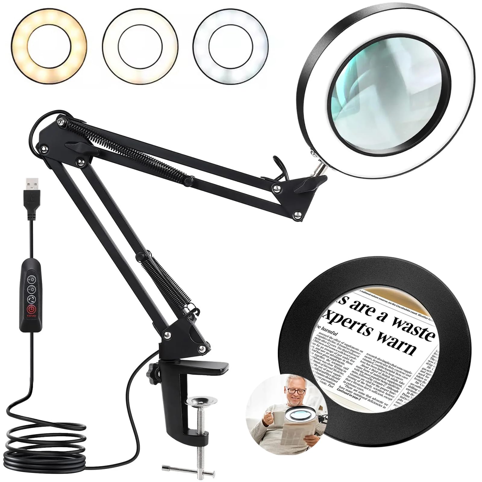10X Magnifying Glass with Light and Stand,LED Magnifying Lamp with Clamp,3 Color Modes and 10-Level Dimmable Brightness,4.3" Real Glass Lens for Reading,Crafting,Sewing,Repair, Hobbies,Black