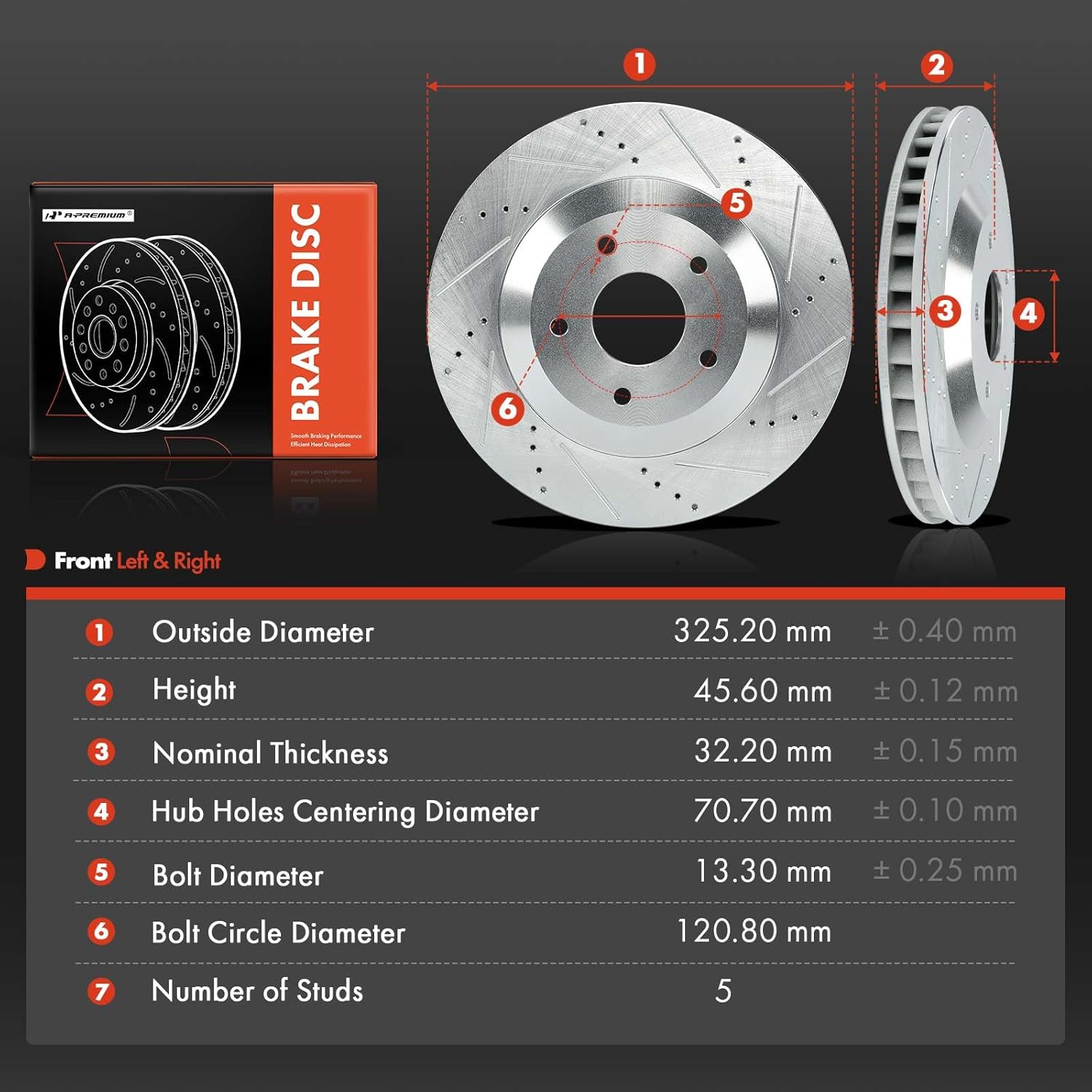 A-Premium 12.80 inch (325.2mm) Front Drilled and Slotted Disc Brake Rotors Compatible with Select Chevrolet, Cadillac Models - Corvette 1997-2004, XLR 2004 2008-2009