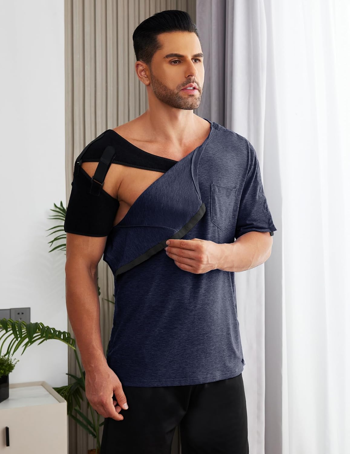 Deyeek Men's Post Shoulder Surgery Shirts Recovery Tear Away Short Sleeve Full Open Side Snap Adaptive Chemo Clothing - Image 7