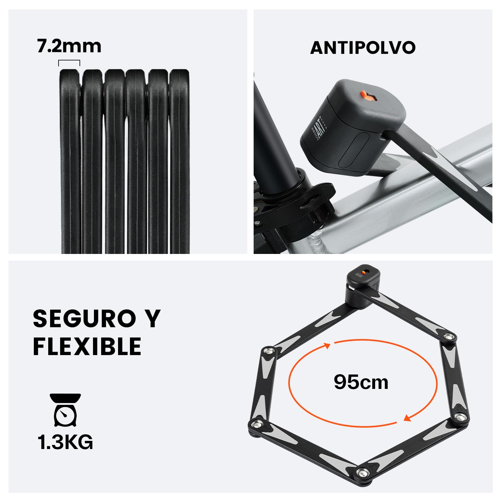 Sportneer Candado de bicicleta plegable con candado - Candado para bicicleta con cilindro Super B para una alta protección contra manipulaciones - Nivel de seguridad ART 2 - Largo 95 cm