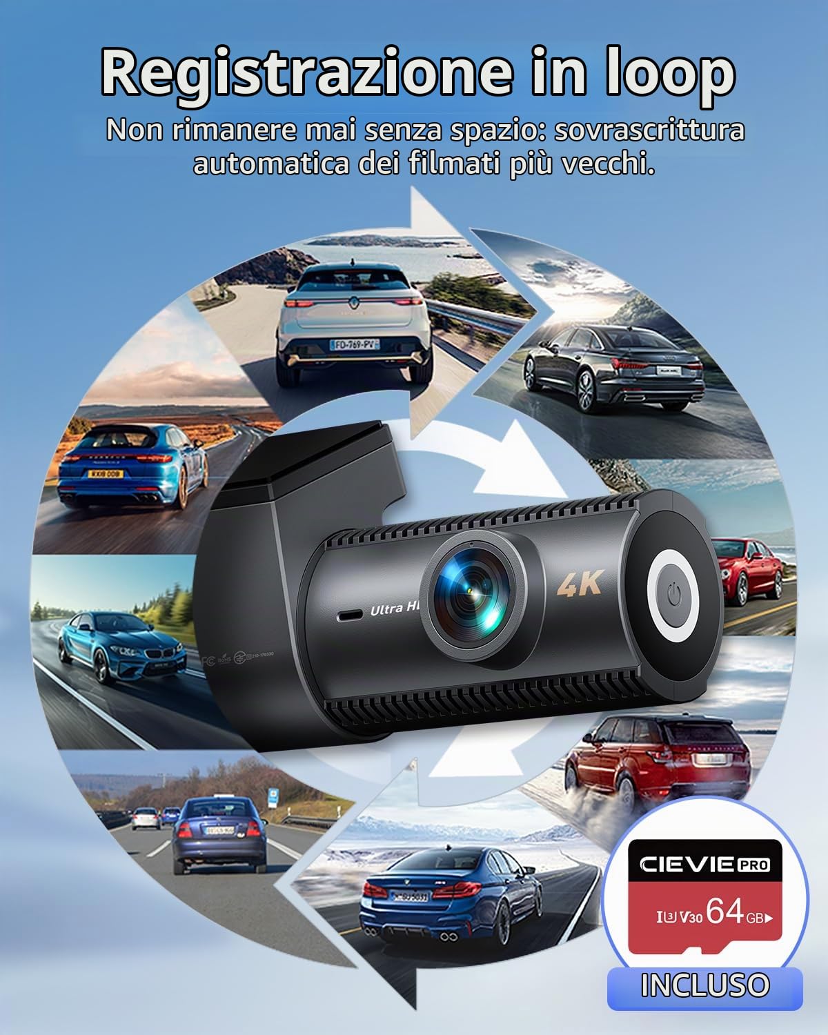 4K Dash Cam Auto con Scheda 64GB Inserita, Doppia WiFi Dashcam per Auto, 170° Grandangolo, Controllo delle App, Visione Notturna, G-Sensor, 24H Modalità Parcheggio, Registrazione in Loop