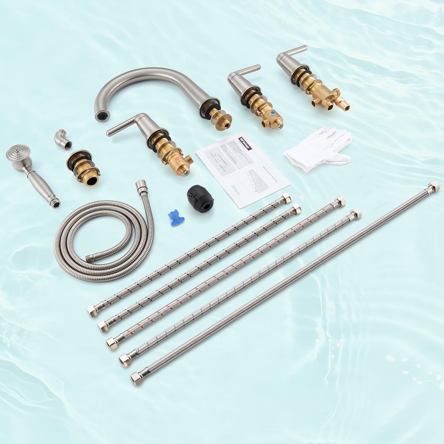 Roman Tub Faucet with Sprayer and Valve, 3 Handle 5 Hole Widespread Deck Mount Bathtub Faucet with Hand Shower High Flow Bath Tub Faucet Set Classic High Arch Tub Filler Brushed Nickel 9809BN