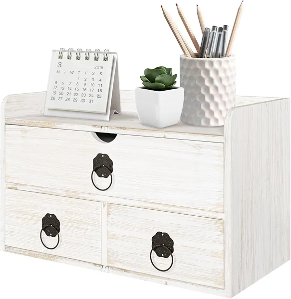 SeekElegant Wood Desk Organizer with Drawer, White Wooden Desktop Organizer, Tabletop Storage Organization Box for Countertop, Home Office Supplies (3 Drawer and Shelf)