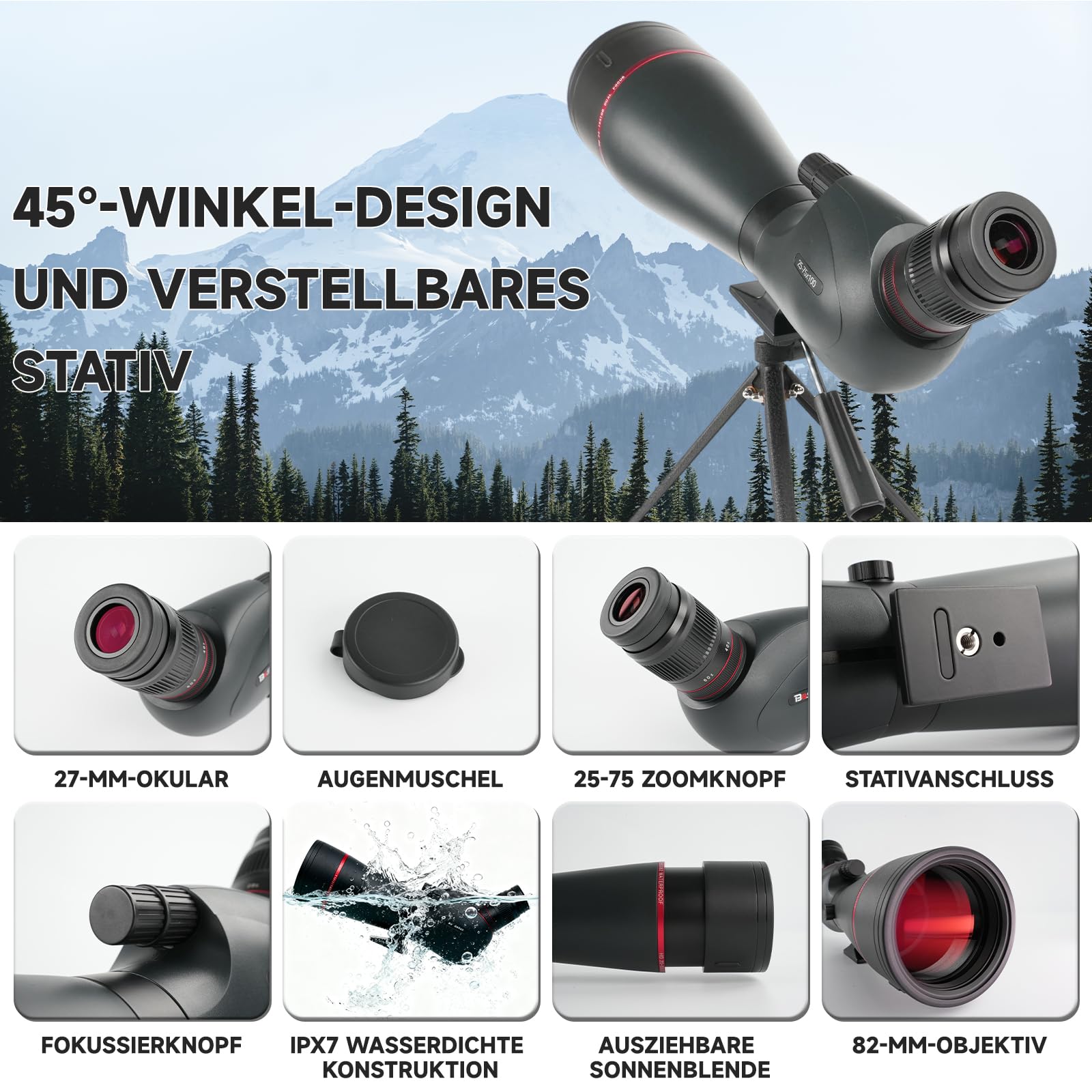 Spektiv 25-75x100 BAK4 IPX7 Wasserdichtes Fernrohr 27mm Okular Doppel-Fokus Jagd Vogelbeobachtung