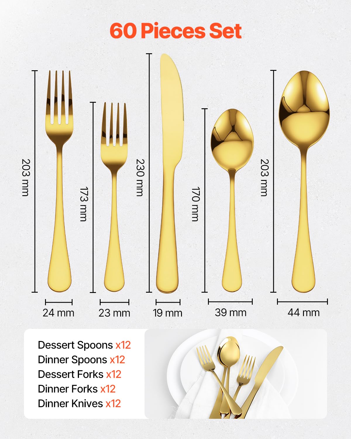 VEVOR Juego de Cubiertos de 60 Piezas, Acero Inoxidable de Grado Alimenticio para 12 Personas, con Acabado de Espejo, para la Cocina del Hogar, Incluye Cuchillo, Tenedor y Cuchara, Color Dorado