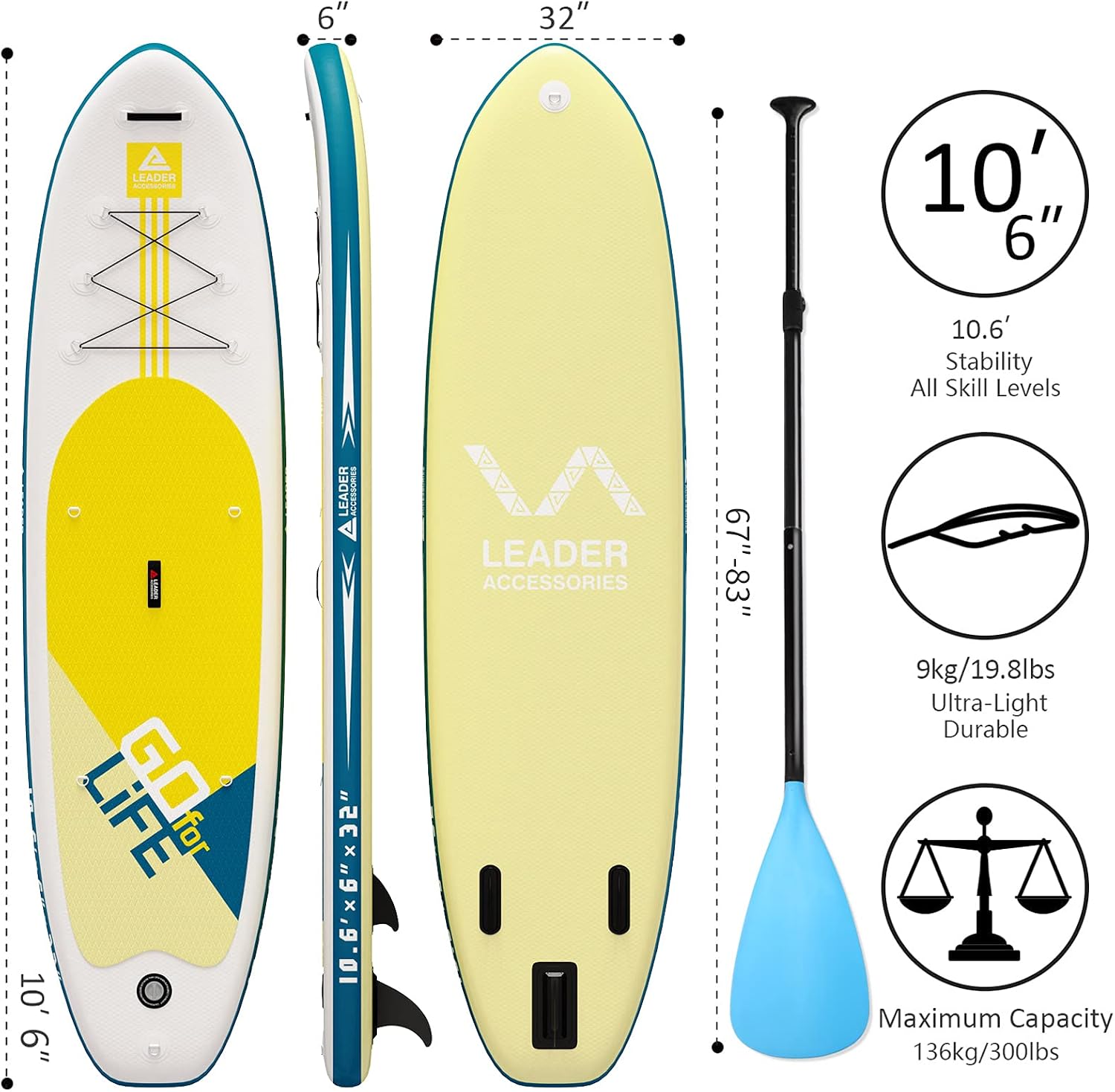 Leader Accessories Inflatable Stand Up Paddle Board with Premium SUP Accessories, Adjustable Paddle, ISUP Backpack, Hand Pump, Non-Slip Deck for Youth & Adult, 10'6" x 32" x 6"