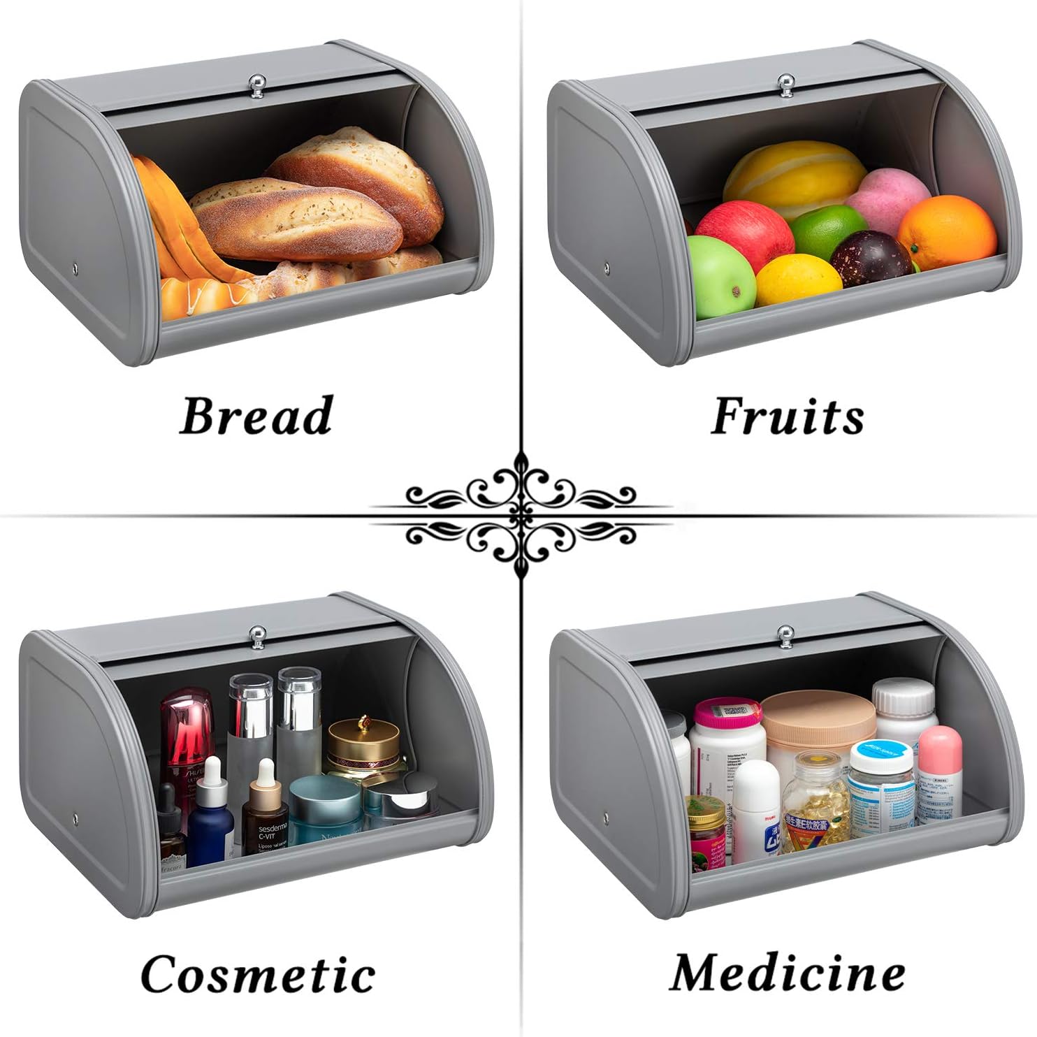 HollyHOME Bread Box Bin for Kitchen Counter, Farmhouse Extra Metal Bagel Container with Stainless Steel Roll Up Lid for Easy Storage Bread Holder Buddy Gray 12.01" x 10.24" x 6.89"