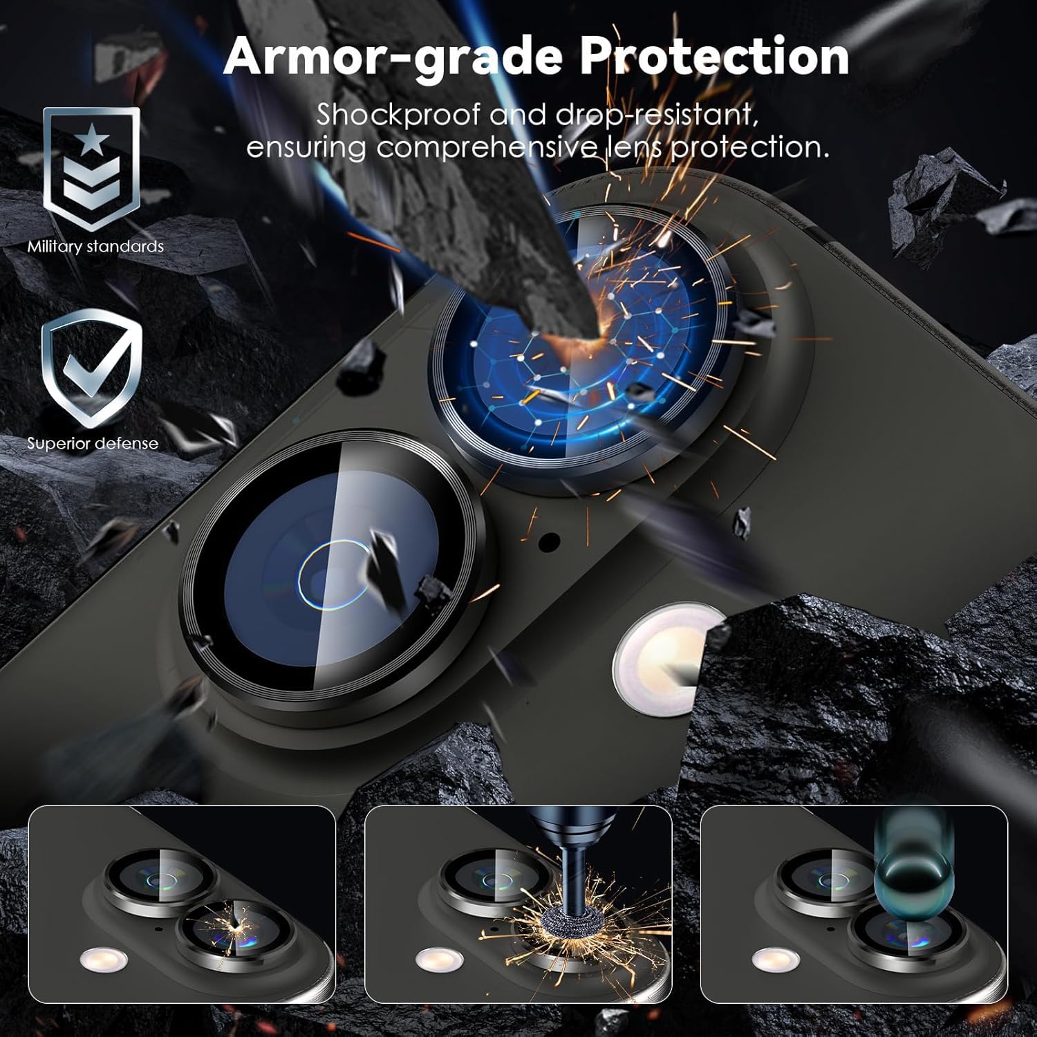 OpenTech® Premium Camera Lens Protector Compatible For iPhone 17/16 /16 Plus (Black) – 9H Tempered Glass, Military-Grade Anti-Scratch, Case-Friendly, Easy Install Frame — Amazon image 3