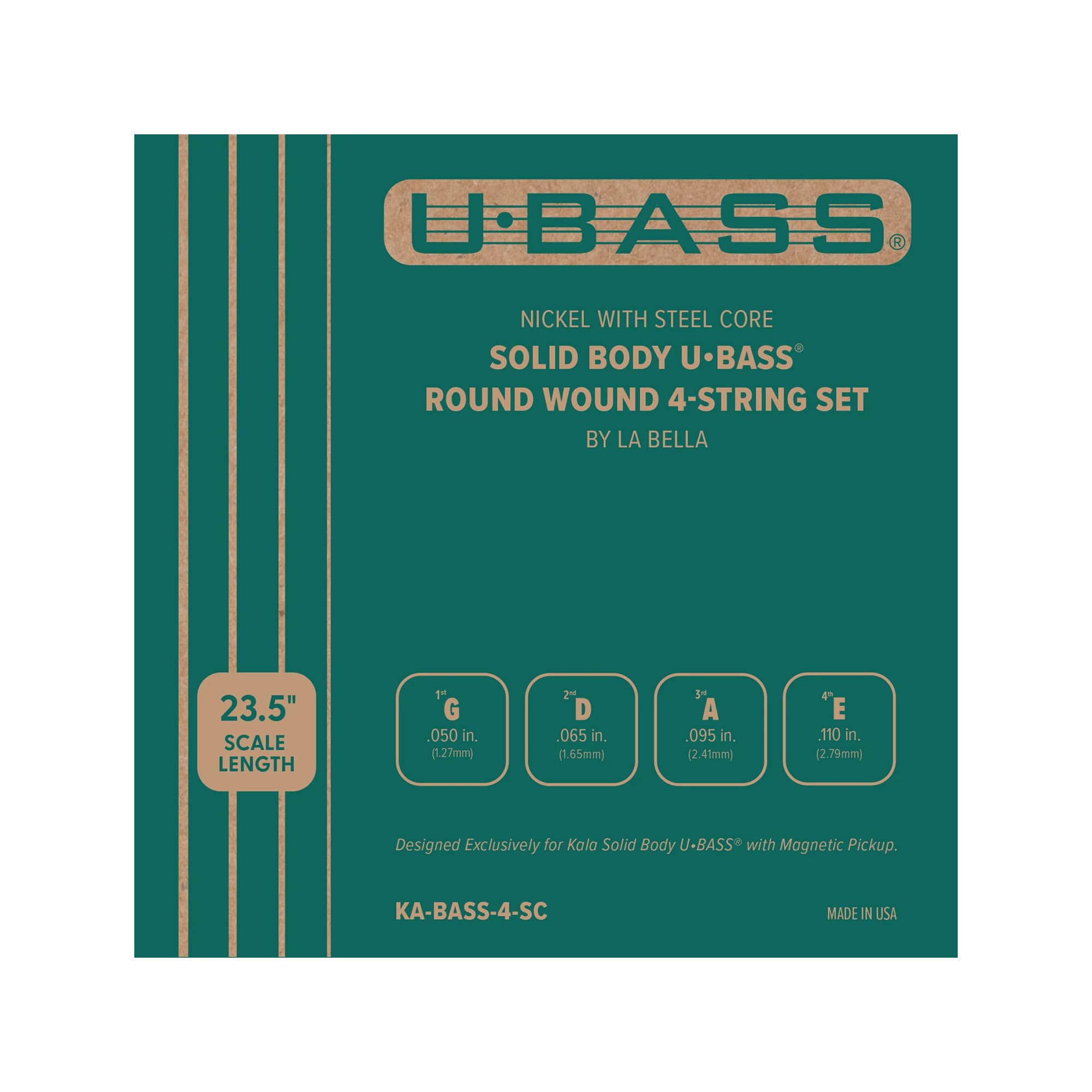 Kala - Juego de 4 cuerdas de níquel con núcleo de acero U•BASS® Round Wound de La Bella, compatible con Kala Solid Body U•BASS® con pastilla magnética