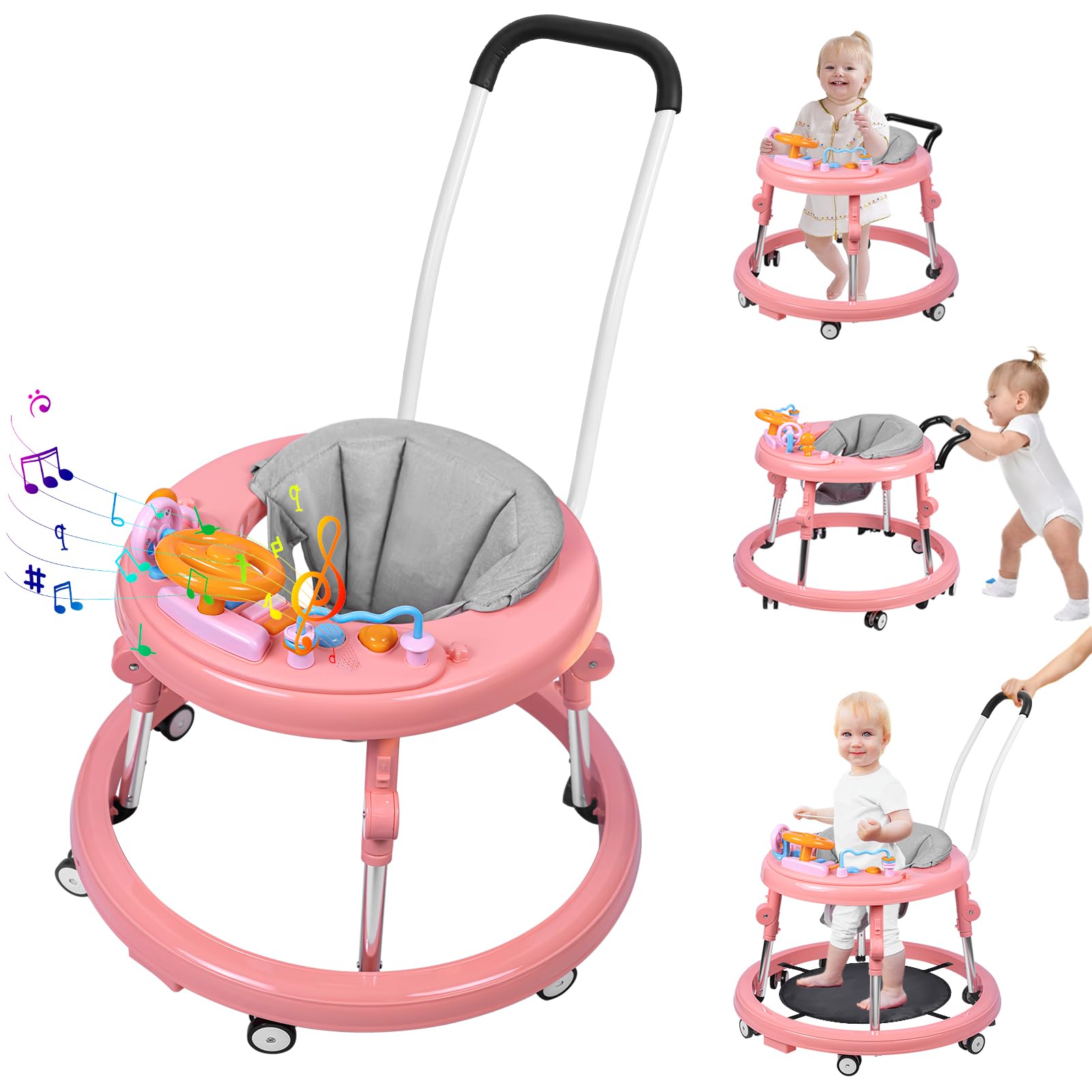 Baby Walker, Foldable 9-Gear Height Adjustable Baby Walker with Wheels, Infant Toddler Walker with Music Disk, Anti-Fall Baby Walkers and Activity Center with Foot Pads for Boys and Girls 6-24 Months