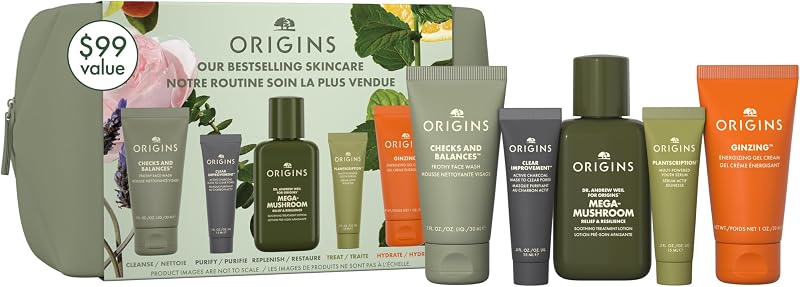 Juego de cuidado de la piel más vendido de Origins | Incluye limpiador, mascarilla, loción de tratamiento, suero y humectante | Con péptidos, ácido hialurónico y niacinamida