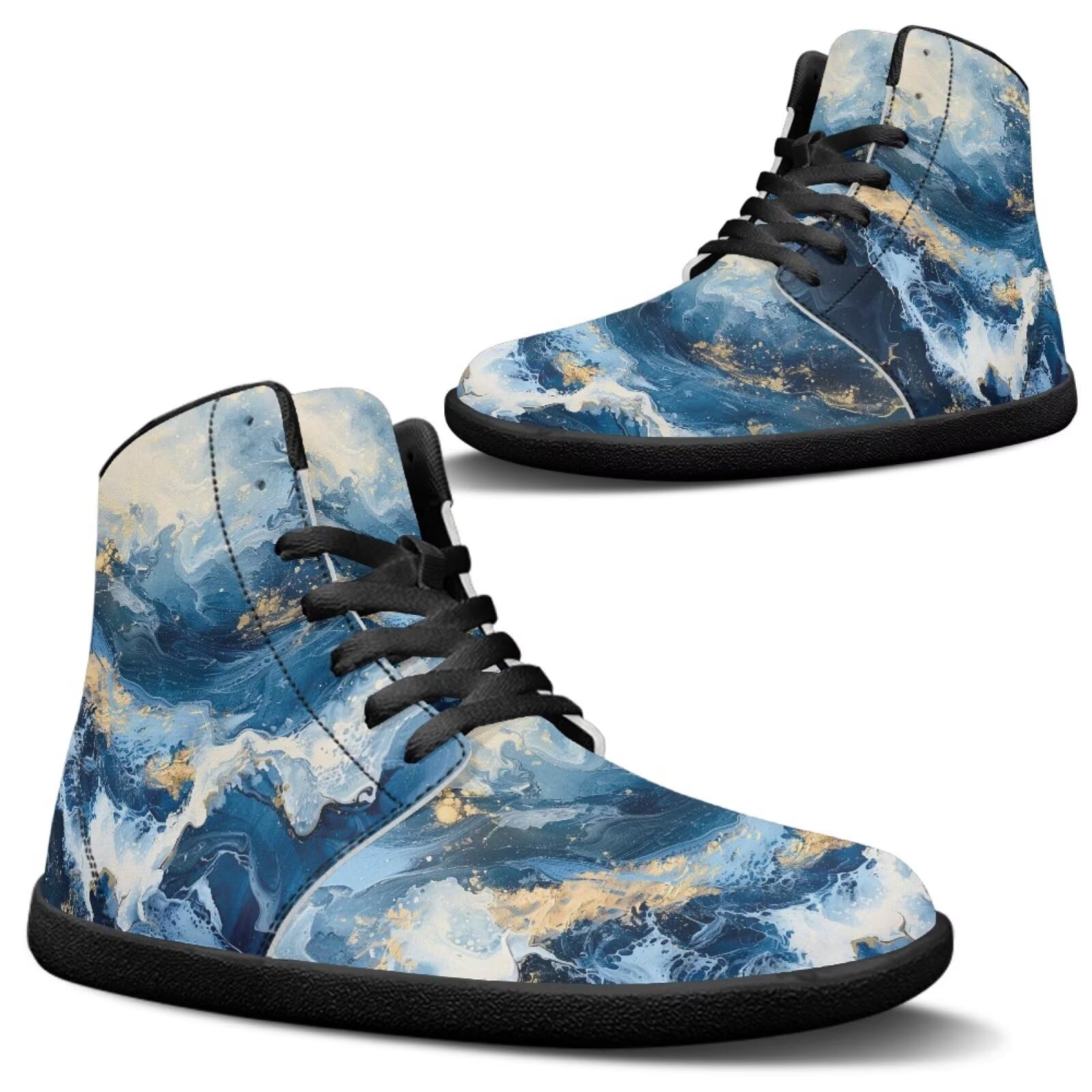 Jeiento Blue and Golden Marble Pattern Barefoot Shoes Trail Running Shoes Lace Up Athletic Footwear Wide Toe Box Boots for Casual,US 12.5