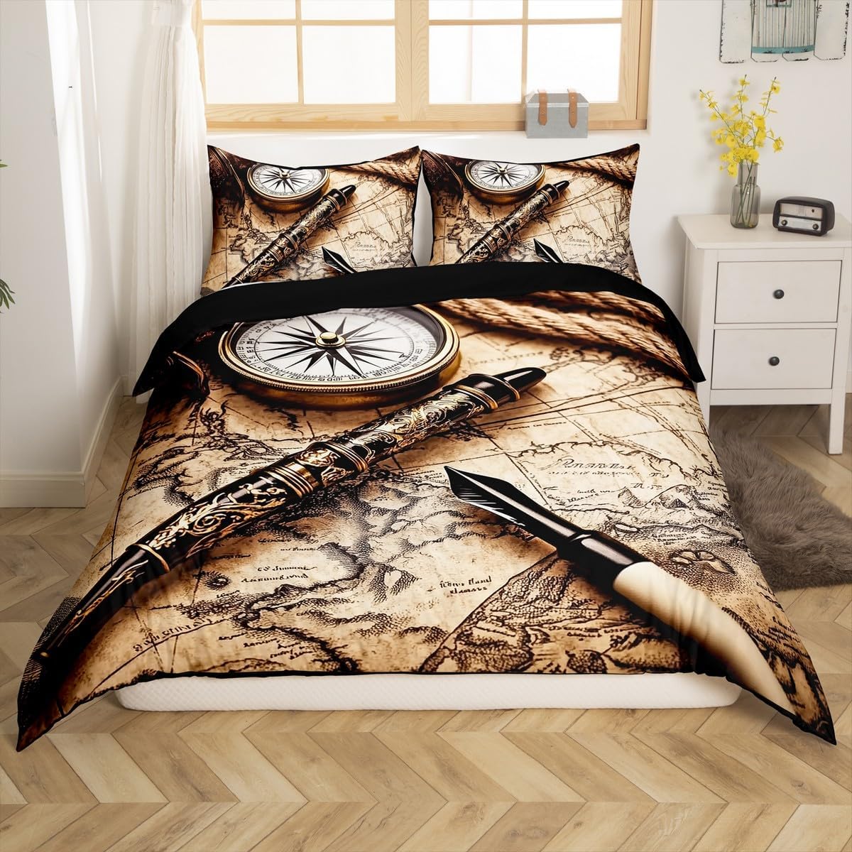 Erosebridal Compass Duvet Cover Full Size, Nautical Theme Bedding Set for Kids Boys Teens Adult Bedroom Retro Box and Needle Comforter Cover Old Vintage Style World Map Iron Chain Quilt Cover, Brown image 3