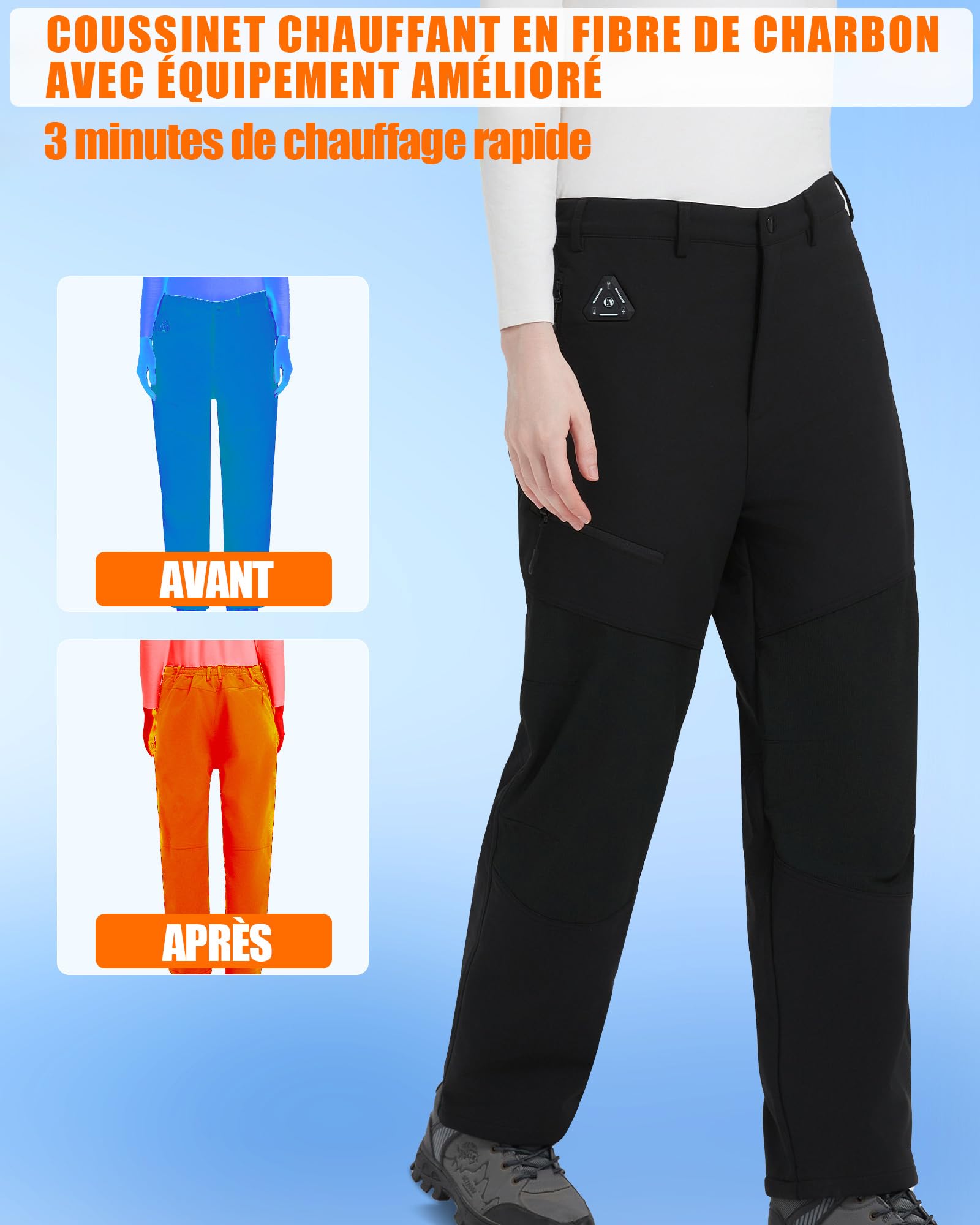 Pantalon Chauffant Femme & Homme avec Batterie 7,4V 20000mAh et Commande 4-en-1 – Pantalon Thermique Imperméable ave (FR/ES, Alpha/Lettres, S, Taille Normale, Taille Normale, 20 000 mAh – Noir)