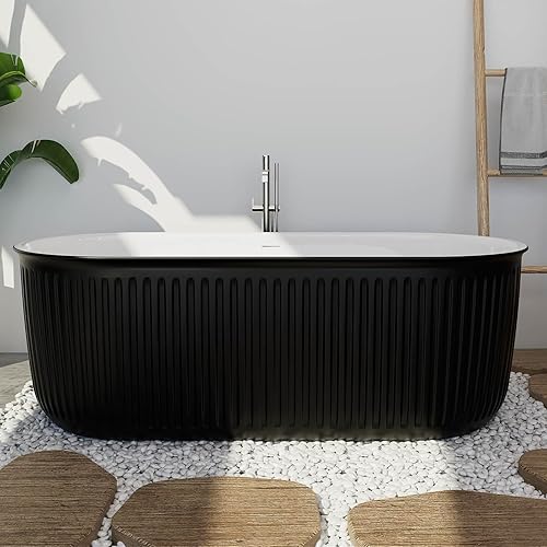 Mokleba Bañera independiente de 67 pulgadas con forma de doble extremo, bañera ondulada pintada, bañera de remojo con desbordamiento ranurado