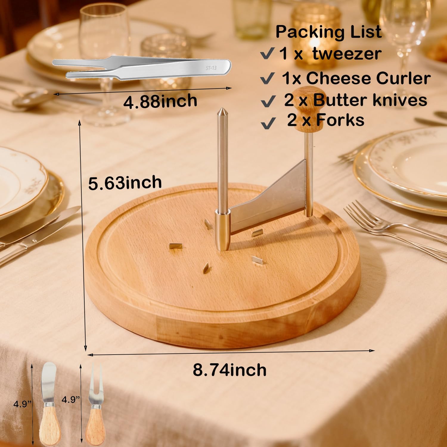 Wooden Cheese Curler Cutter, Stainless Steel Cheese Shaver for Cheese Wheel and Chocolate Block, Manual Cheese Slicer Tools Set with Tweezer for Home Kitchen Commercial Dessert Restaurant Cafe