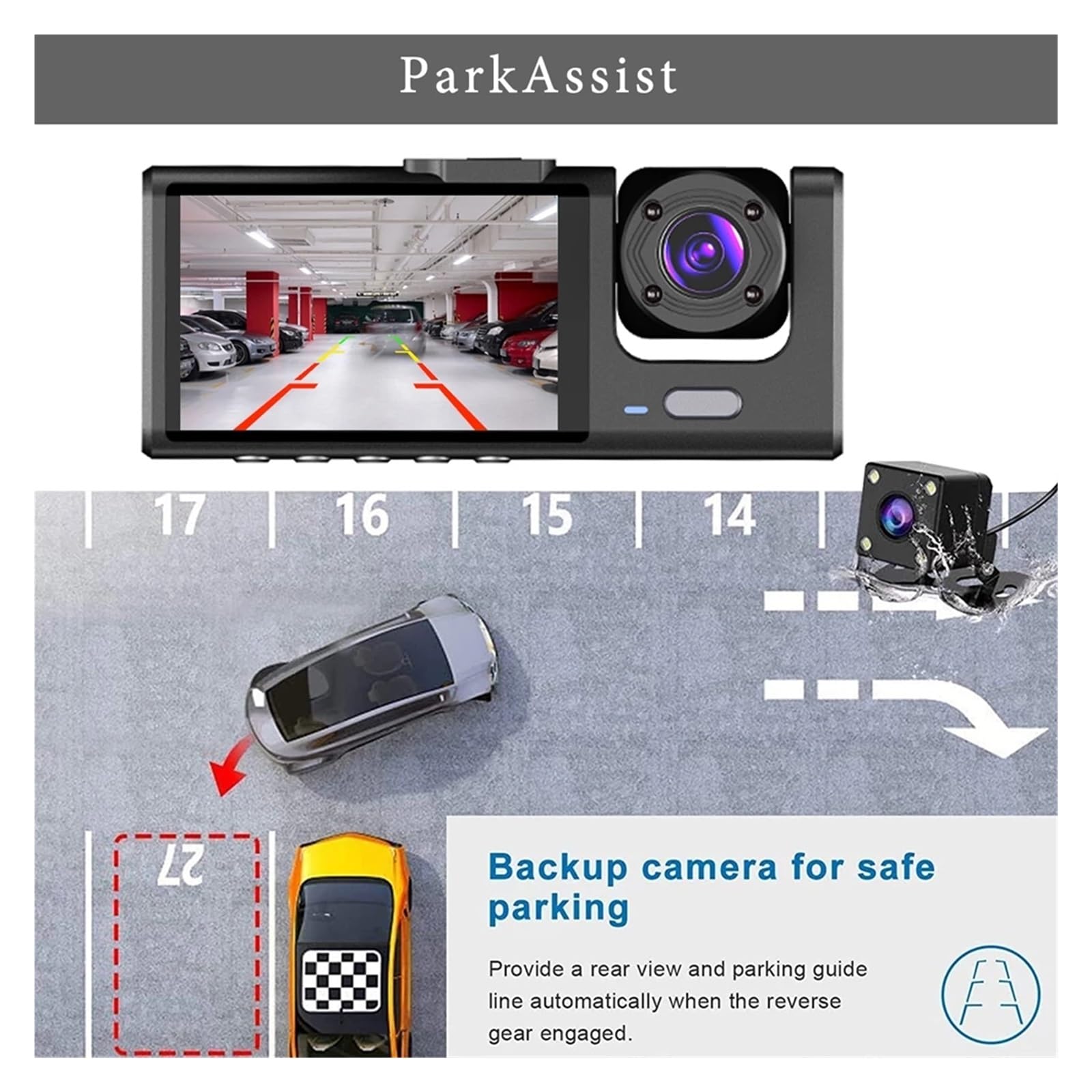 3-kanałowy wideorejestrator samochodowy HD 1080P 3-obiektywy wewnątrz pojazdu kamera na deskę rozdzielczą trójdrożna rejestratory DVR rejestrator wideo Super Widzenie Nocne(Dual Camera-BL,64G)