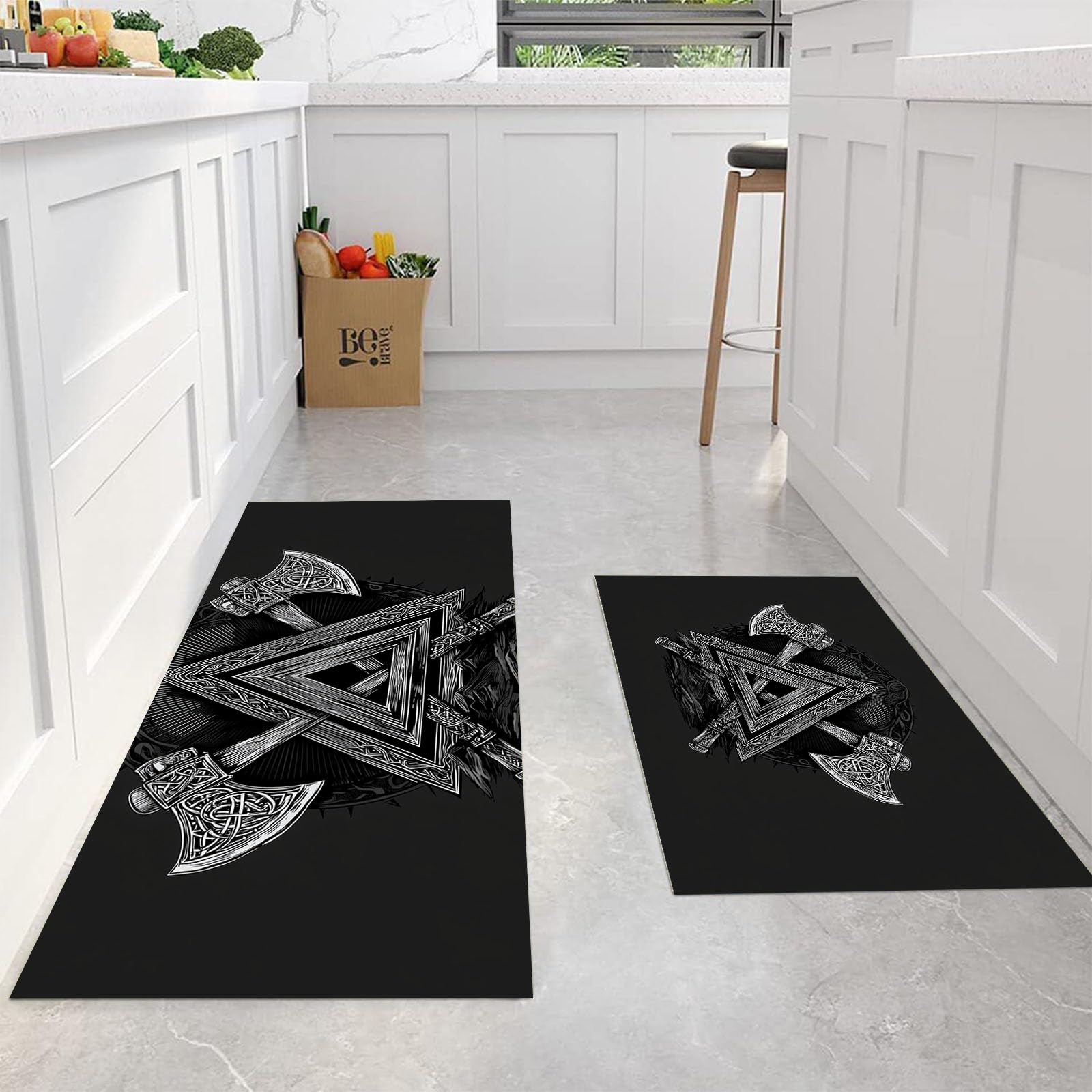 Set di 2 Tappetini da Cucina Ascia Vichinga Antiscivolo, Set di Tappetini da Cucina Mitologia Vichinga Lavabili per Lavanderia, Corridoio, Sala da Pranzo e Ingresso 40x60cm+40x120cm, Nero