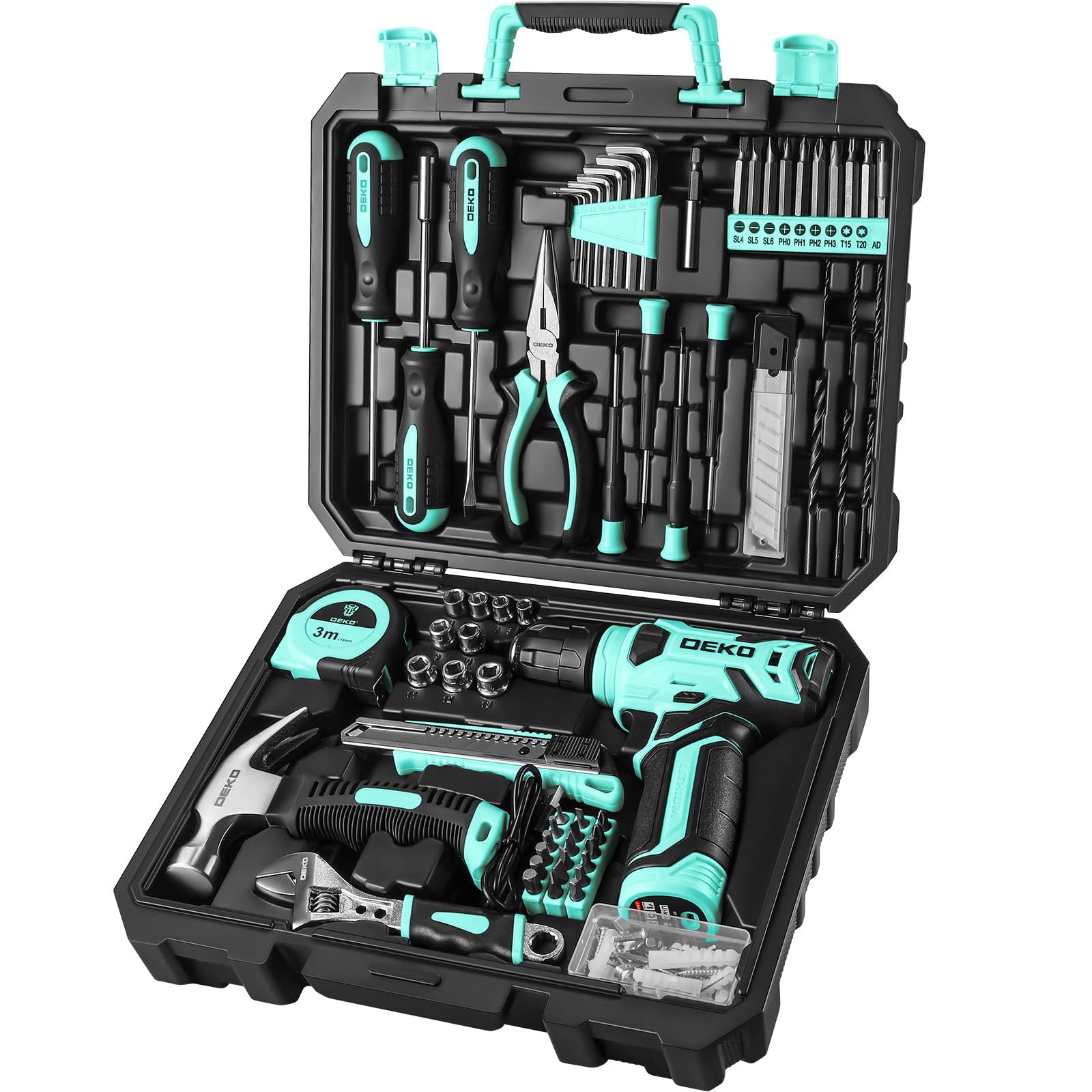 DEKO Caja Herramientas Completa con Destornillador Electrico/Taladro con bateria de 8V, Maletin de 126 Piezas, Caja profesional de herramientas Domésticas de Bricolaje para Oficinas y Jardín, Cyan