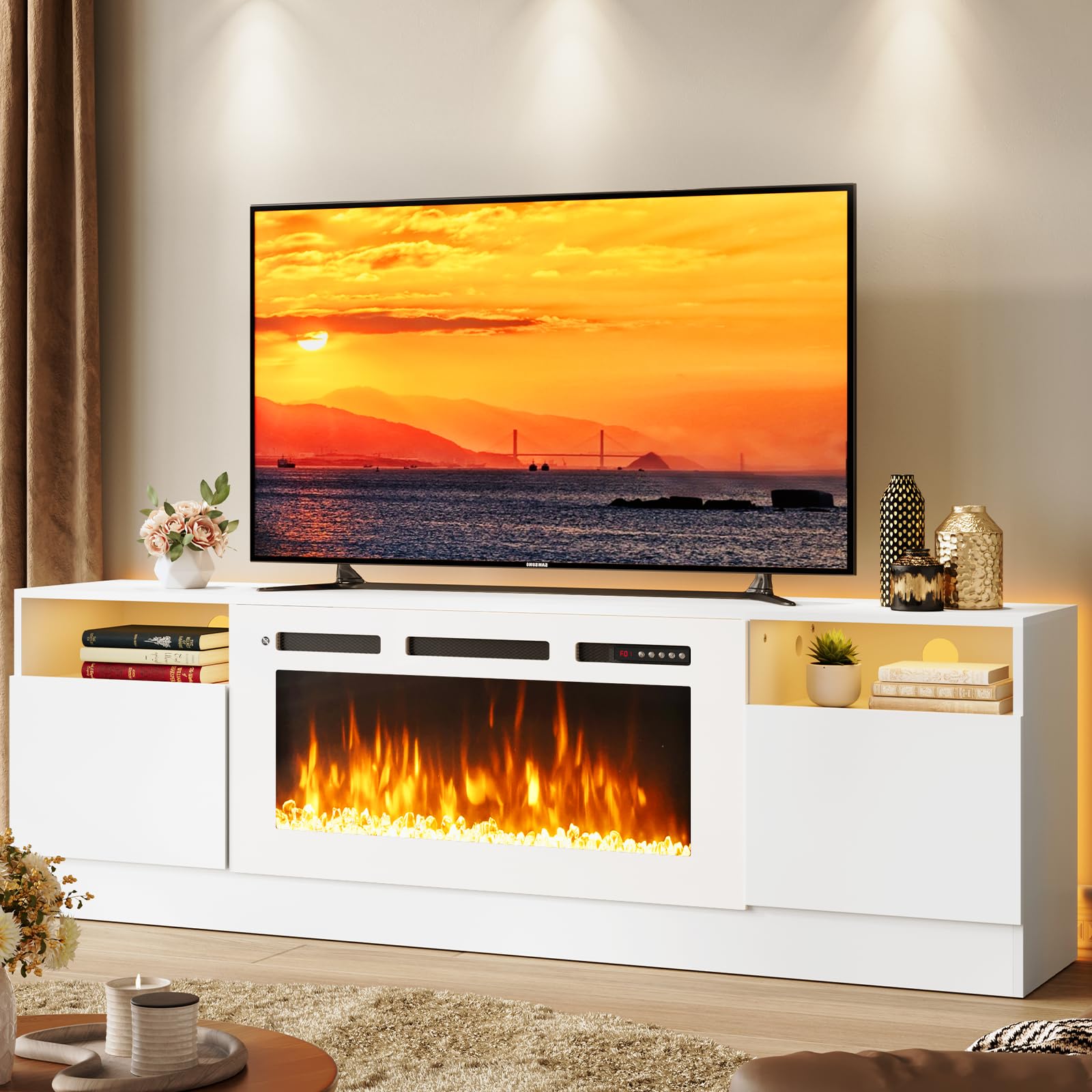 oneinmil 70” TV Stand with 36” Electric Fireplace, Large Modern Media Entertainment Center with Storage Cabinet and 12 Colors LED Lights for TVs Up to