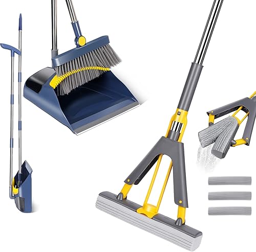 Masthome Juego de trapeador de esponja escoba y recogedor trapeador de rodillo con 3 repuestos de trapeador de esponja superabsorbentes recogedor