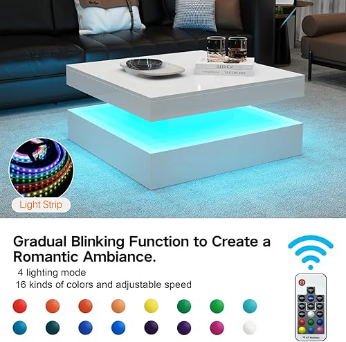 Miniatura 3 de Mesa de centro LED para sala de estar, mesa central moderna de 2 niveles cuadrada de madera de 31 pulgadas