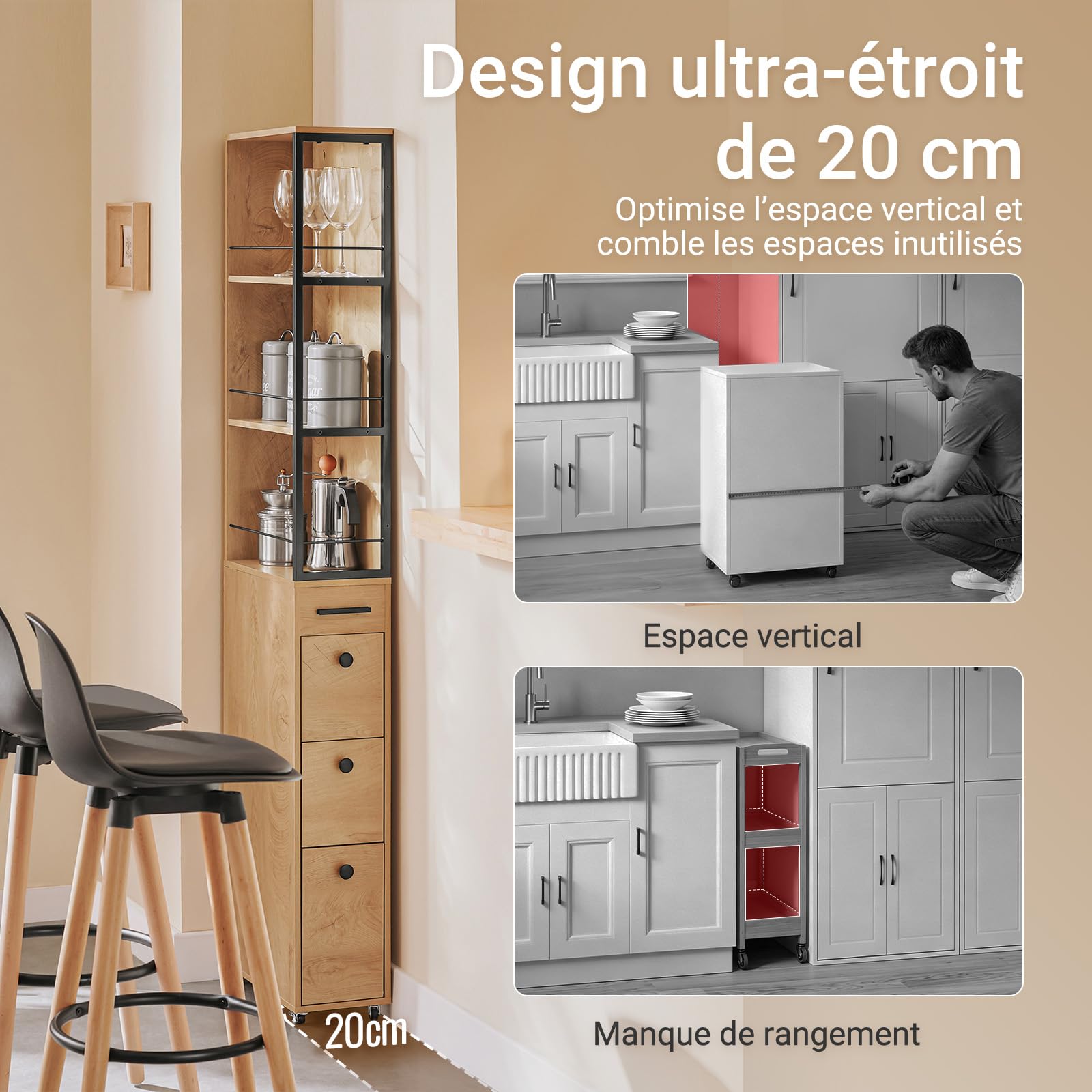 SoBuy Chariot de Rangement à 4 roulettes, 20cm, 40x20x170cm, Petite Cuisine | Desserte Cuisine et Salle de Bain Multi-Usage, 3 tiroirs, 3 tablettes et barres antichute, PB+MDF, NSR13-N