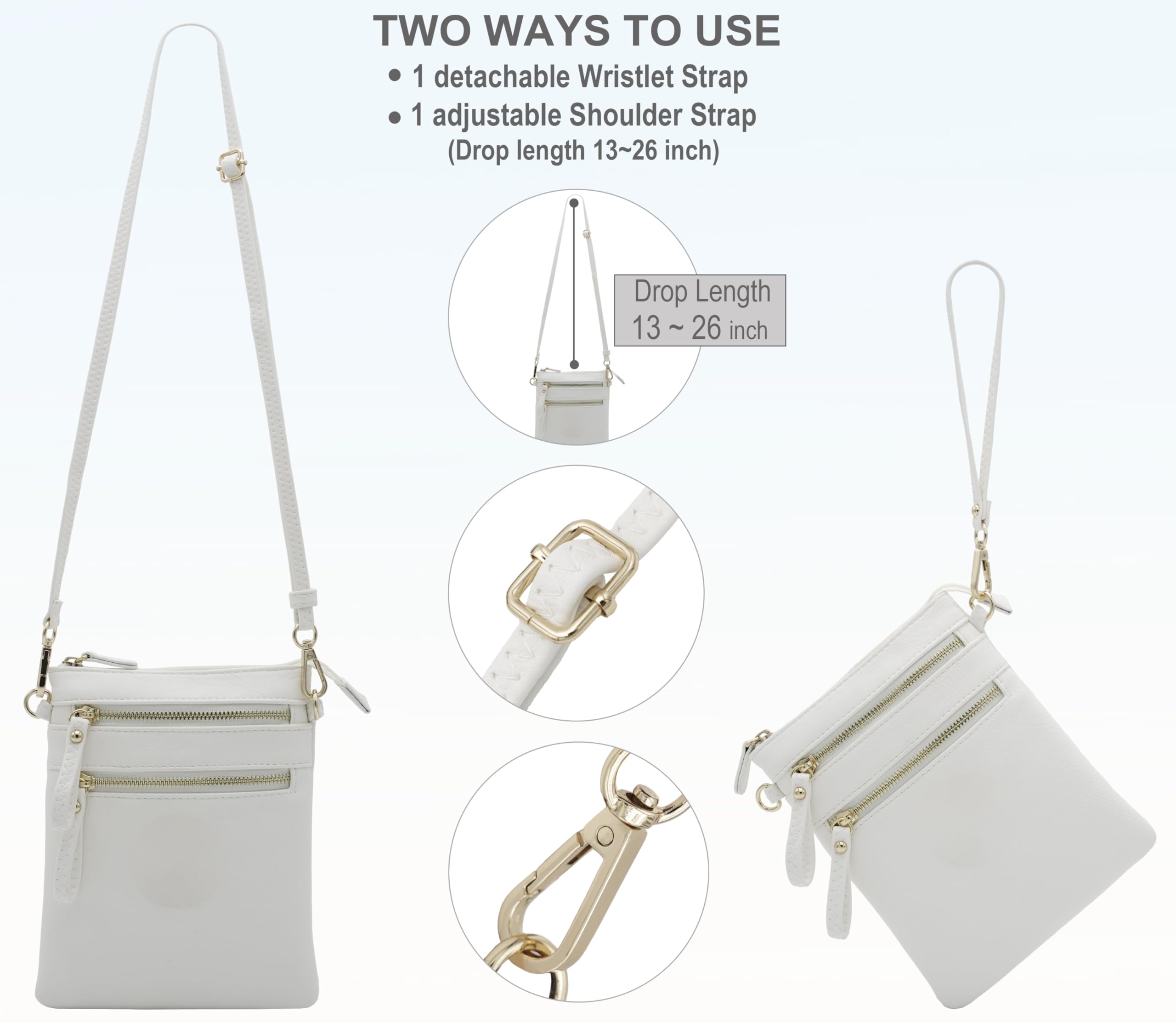 Bolso cruzado para mujer, múltiples bolsillos con cremallera y correa de muñeca desmontable, bolso de viaje ligero, monedero para teléfono celular, Blanco 4