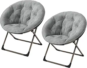 Saucer Chair, Comfy Chair Faux Fur Lounge Moon Chair with Folding Metal Frame, Oversized Plush Foldable Flower Accent Seat for Adults, Teens, Bedroom, Dorm or Living Room(2PCS, Grey)