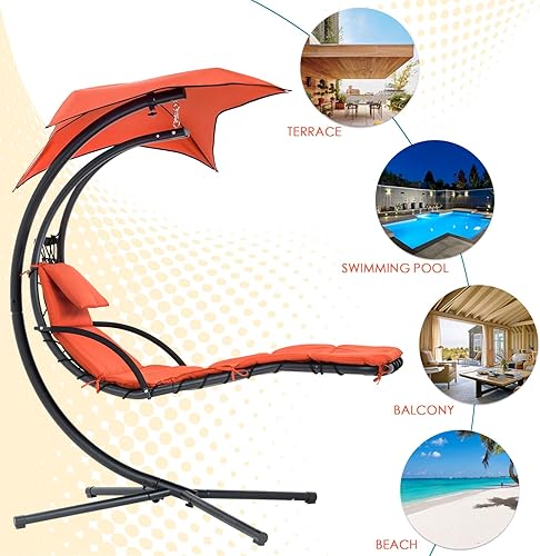 Miniatura 6 de PayLessHere Silla hamaca con almohada integrada y silla de columpio extraíble para patio, toldo hamaca soporte de arco para porche de aire para