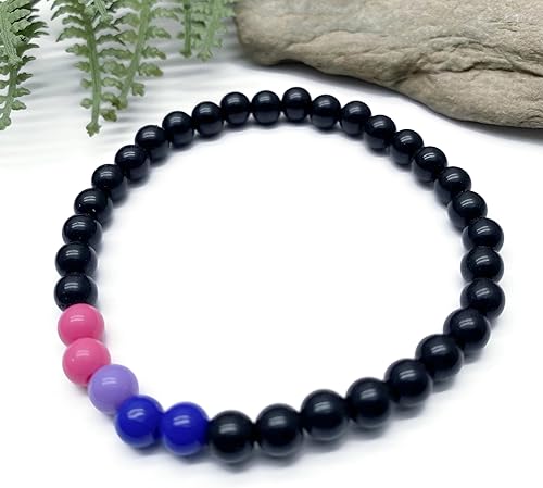 Vista 6 de Bisexual Bead Bracelet, Pink Lavender Blue and Black Acrylic Beads, LGB LGBT LGBTQIA+ Pride Awareness : Size S/M 7 inches, Bi Gay Flag