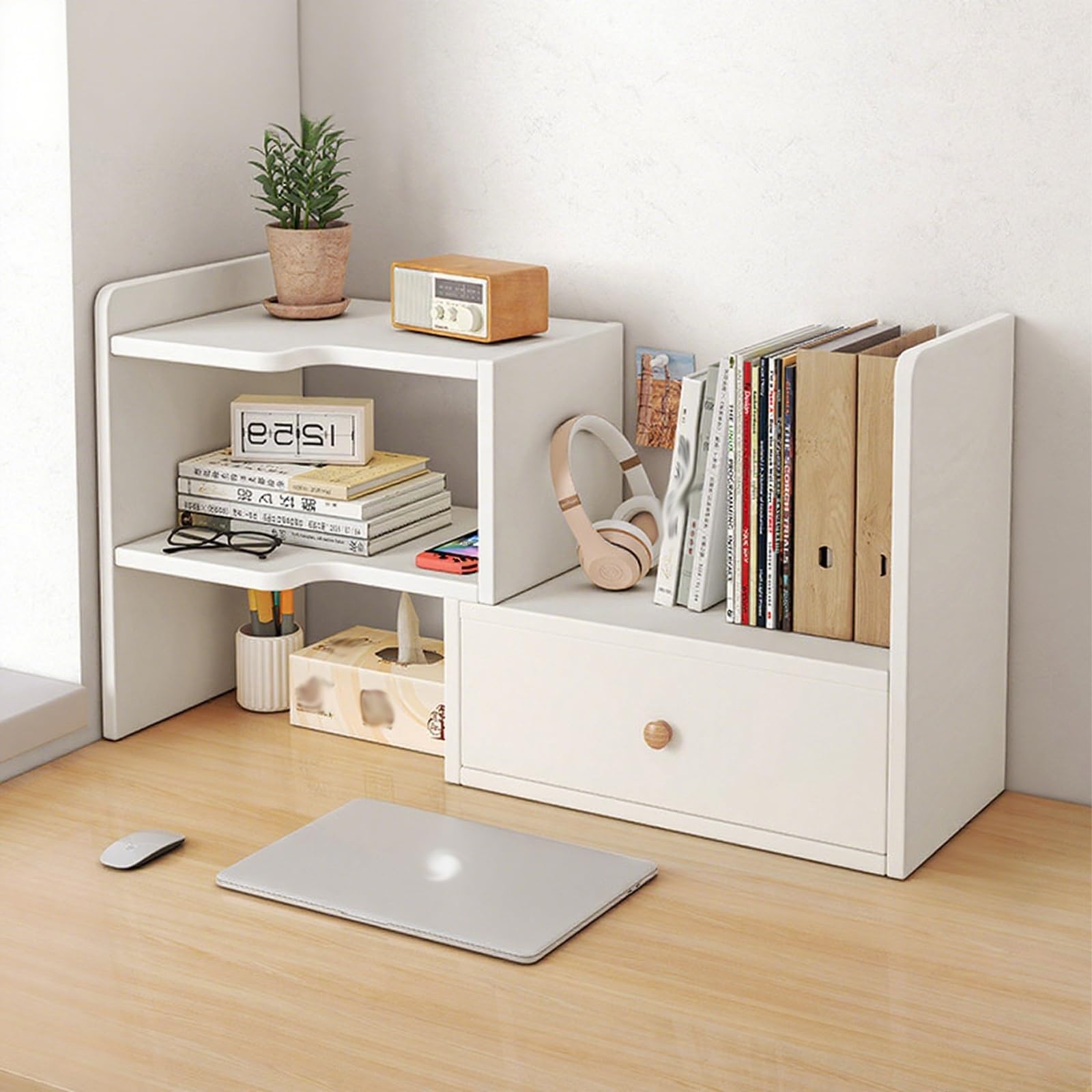 Schreibtisch-Organizer aus Holz, mit Schubladen, platzsparend, für Bücher und Bürobedarf, stilvolles Gitterregal für Zuhause, Wohnheim, Arbeitszimmer und Schminktisch (linkes Modell)